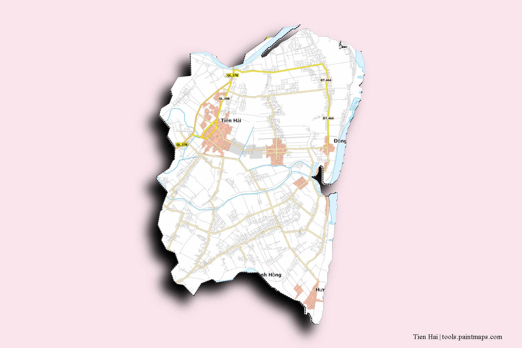 Mapa de barrios y pueblos de Tien Hai con efecto de sombra 3D