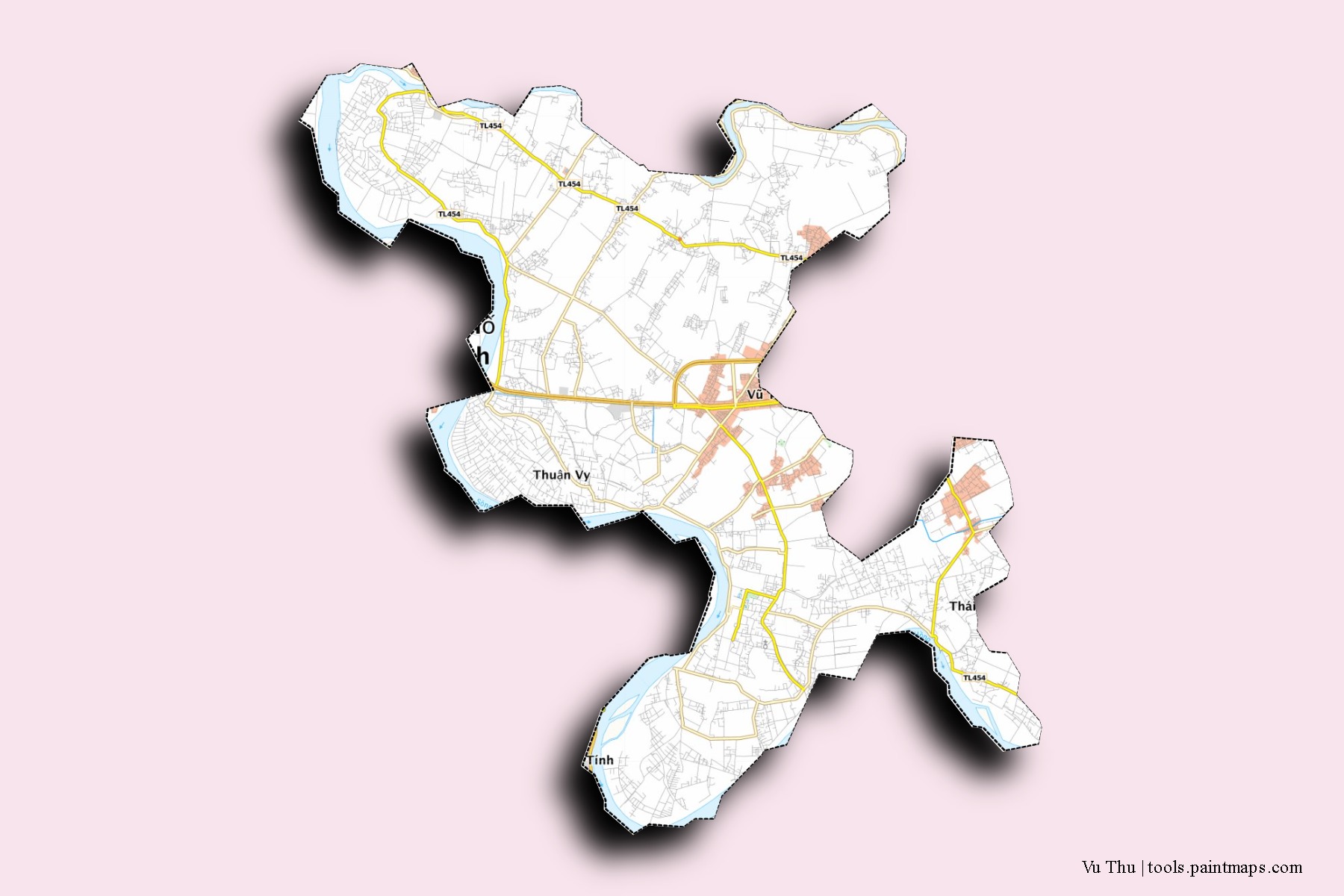 Mapa de barrios y pueblos de Vu Thu con efecto de sombra 3D