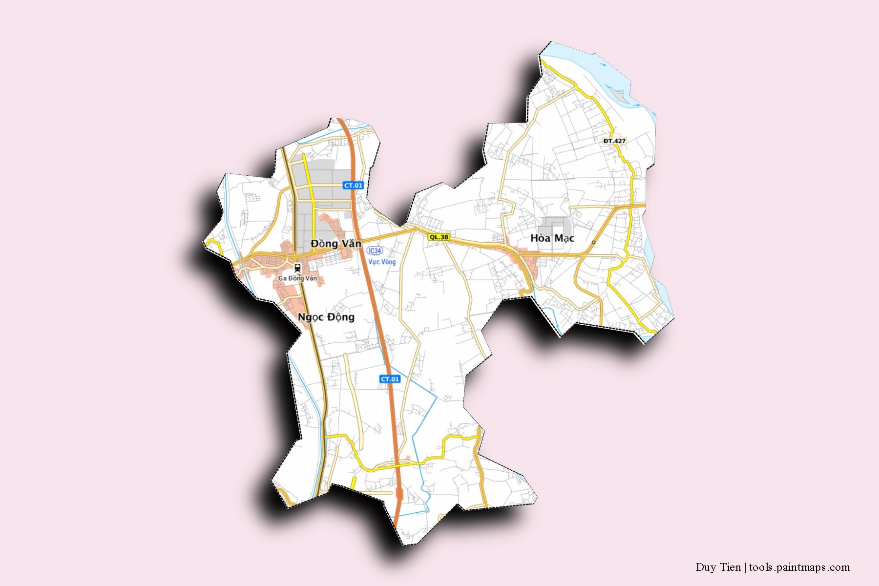 Mapa de barrios y pueblos de Duy Tien con efecto de sombra 3D