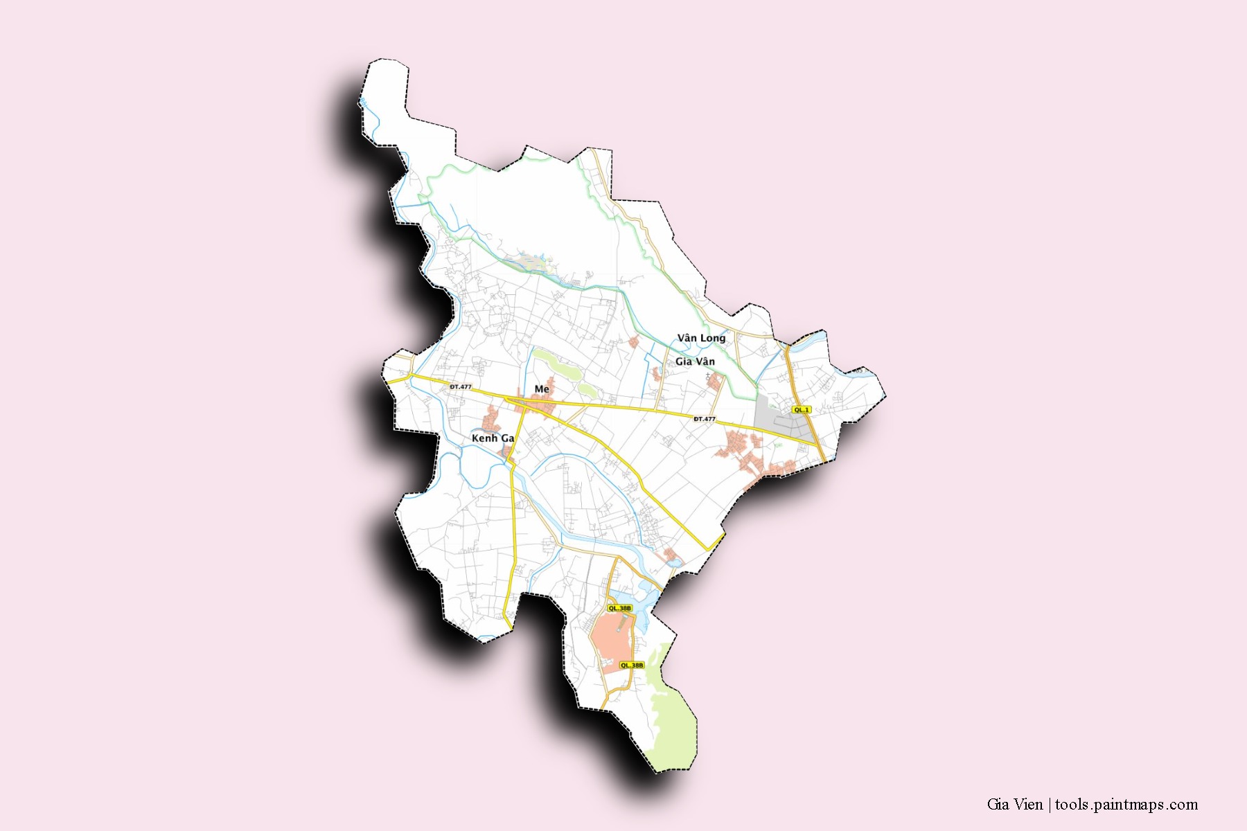 Mapa de barrios y pueblos de Gia Vien con efecto de sombra 3D