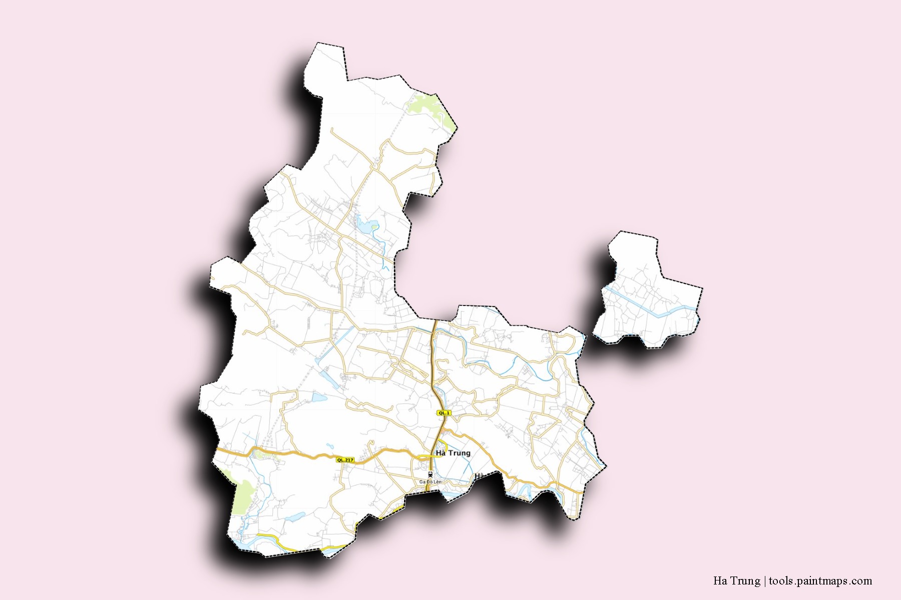 Mapa de barrios y pueblos de Ha Trung con efecto de sombra 3D