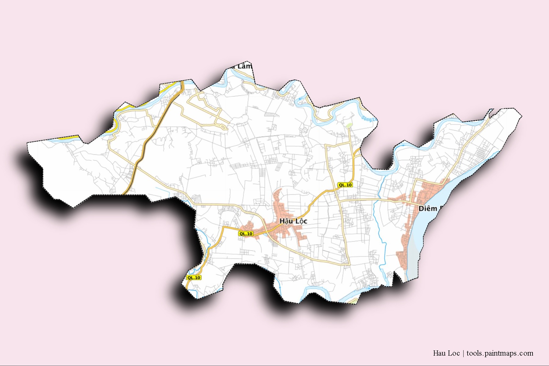 Hau Loc neighborhoods and villages map with 3D shadow effect