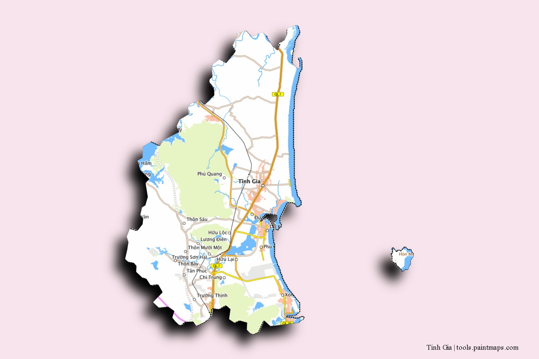 Mapa de barrios y pueblos de Tinh Gia con efecto de sombra 3D