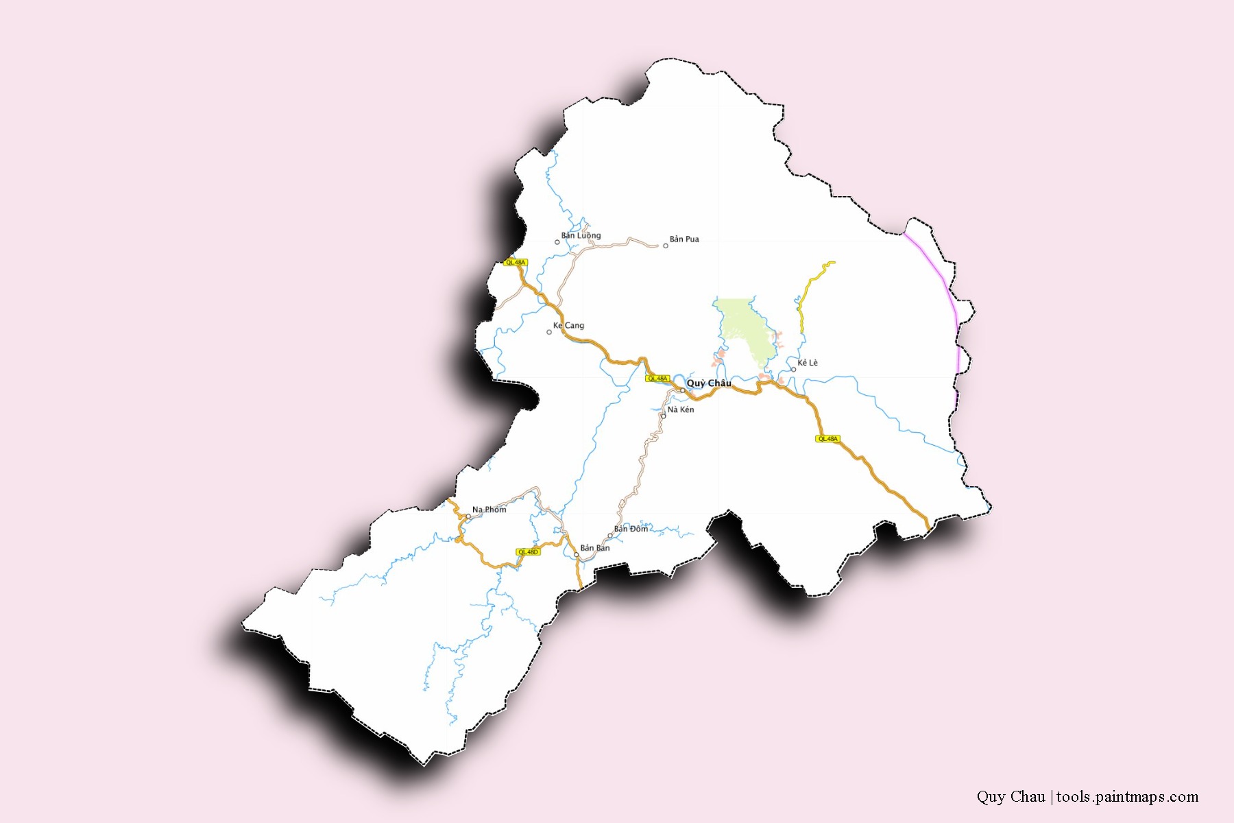 Mapa de barrios y pueblos de Quy Chau con efecto de sombra 3D