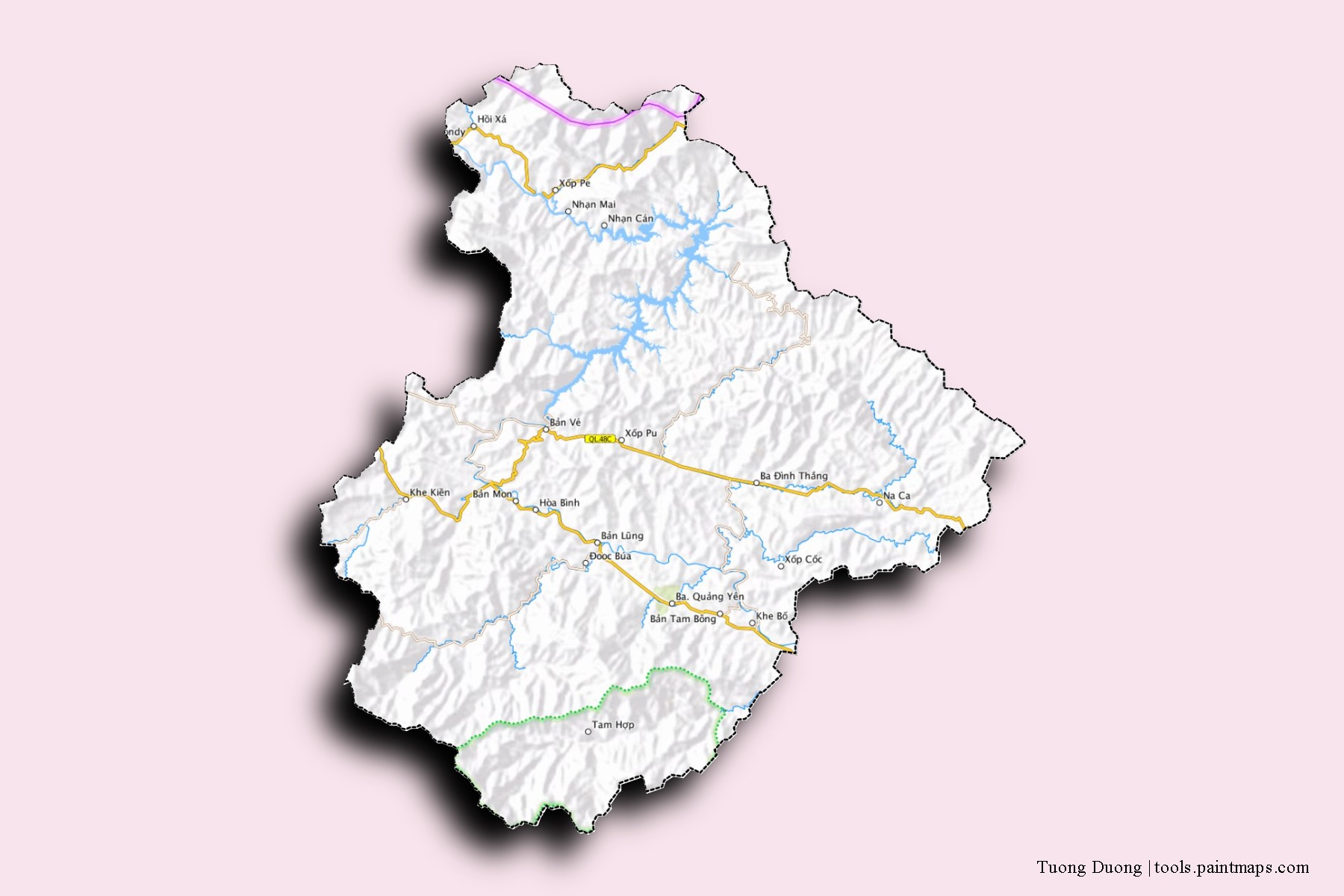 Mapa de barrios y pueblos de Tuong Duong con efecto de sombra 3D