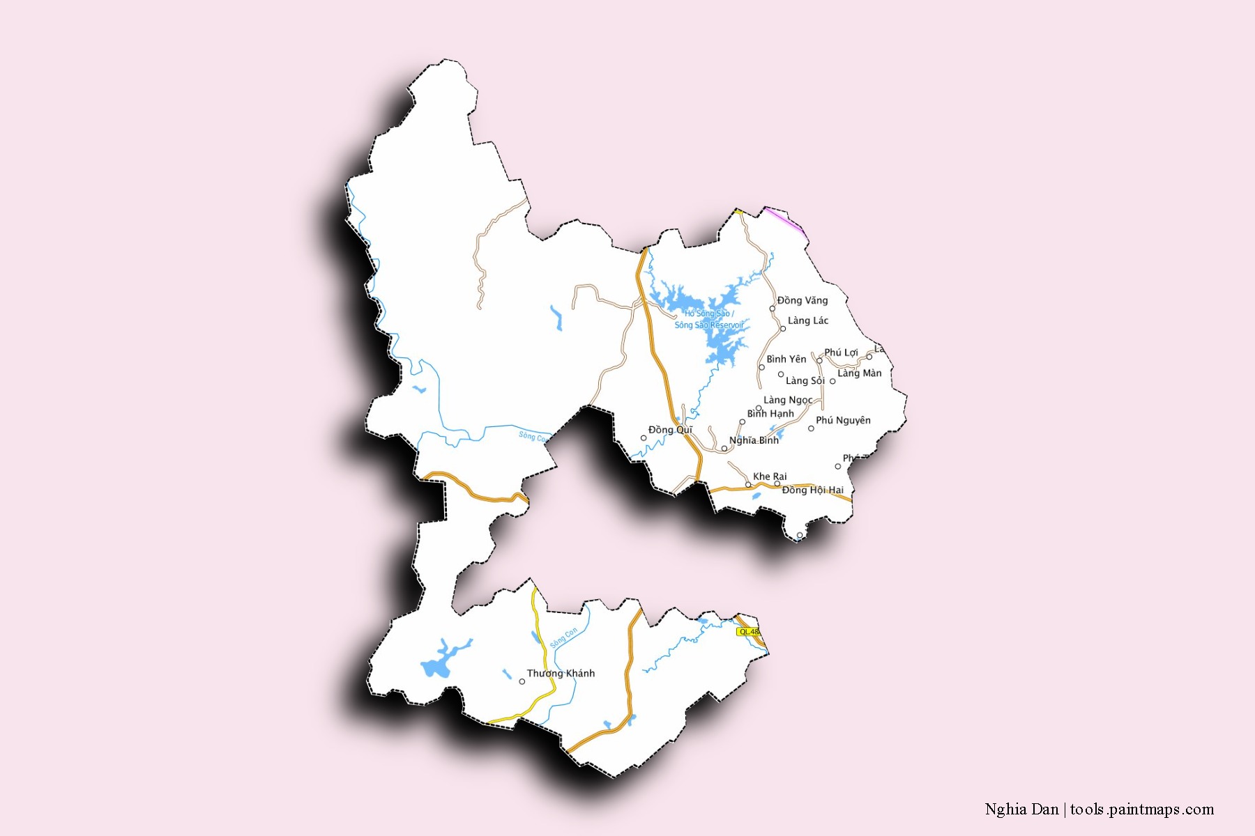 Mapa de barrios y pueblos de Nghia Dan con efecto de sombra 3D