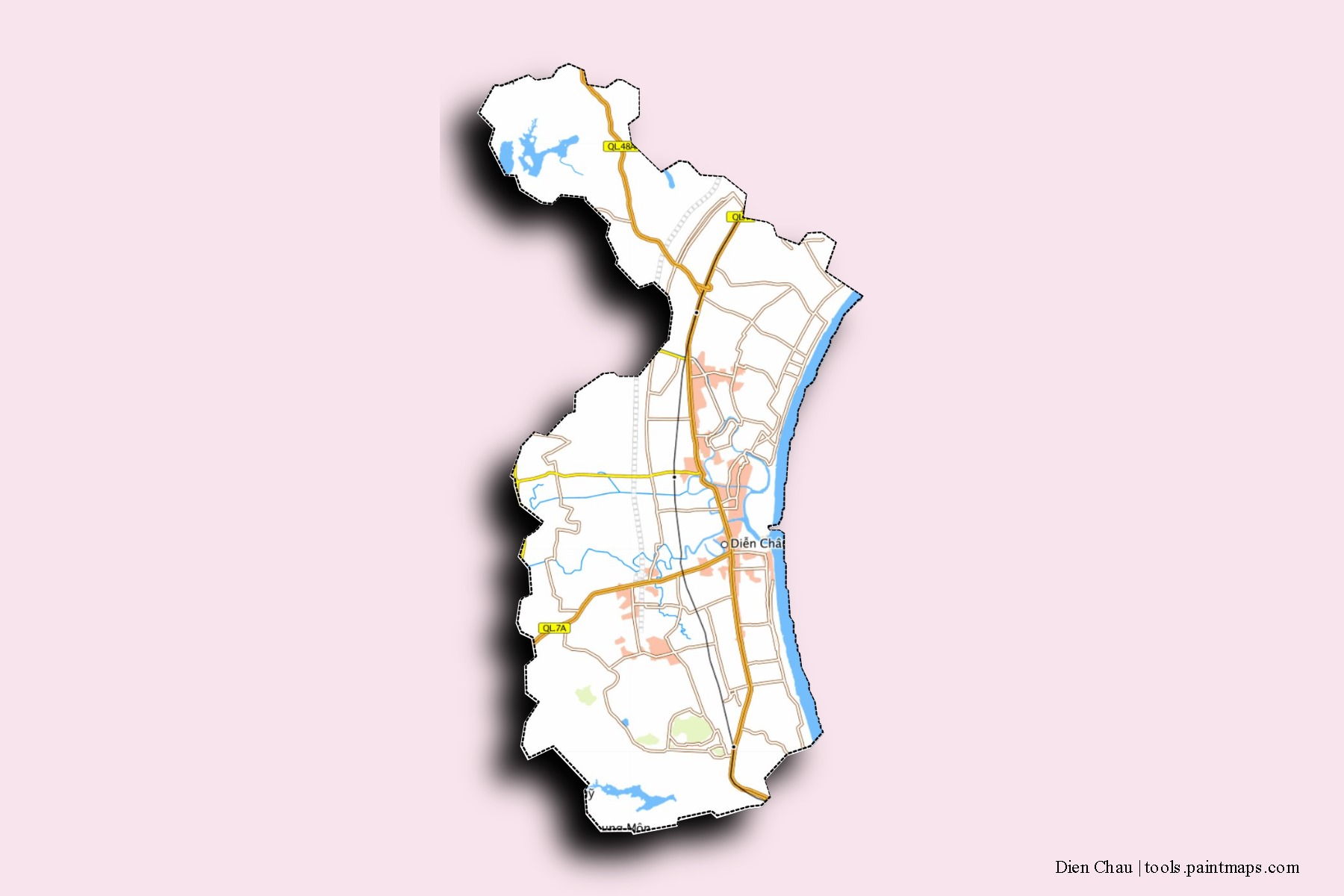 Mapa de barrios y pueblos de Dien Chau con efecto de sombra 3D