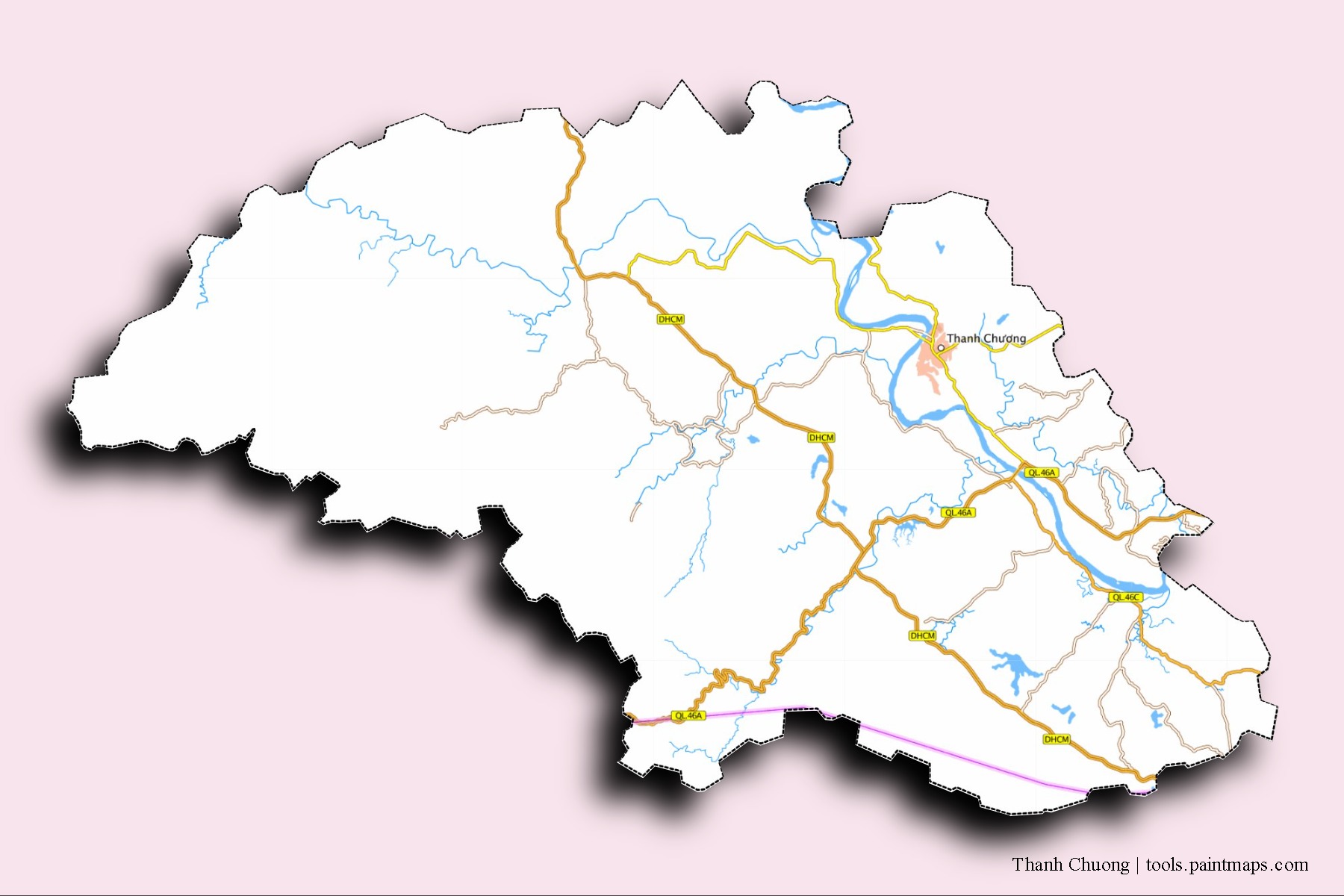 Mapa de barrios y pueblos de Thanh Chuong con efecto de sombra 3D