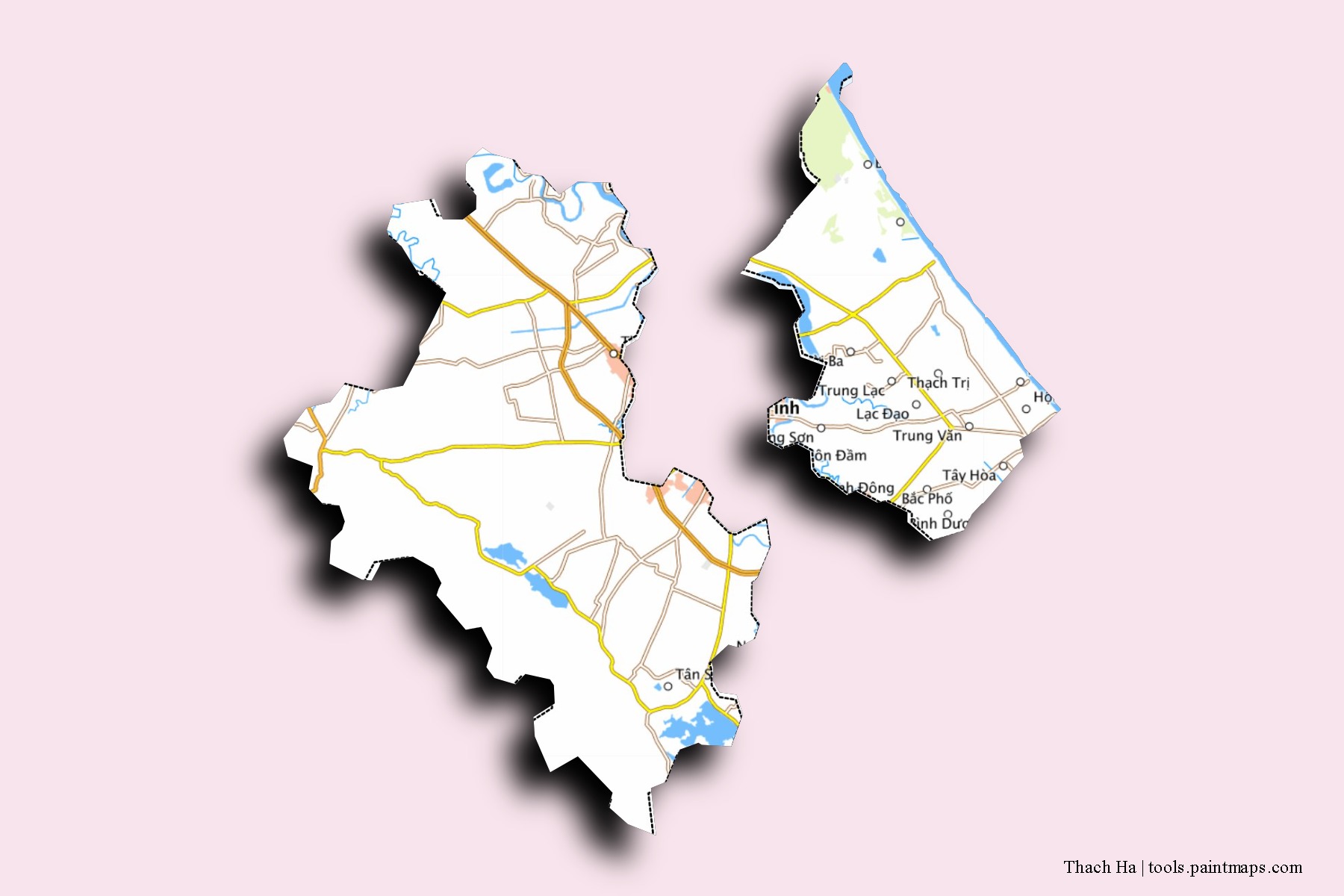 Mapa de barrios y pueblos de Thach Ha con efecto de sombra 3D