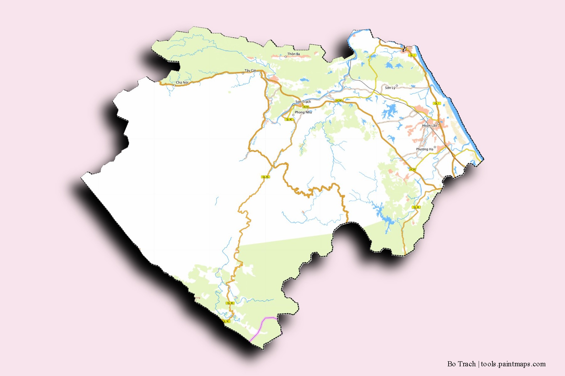 Mapa de barrios y pueblos de Bo Trach con efecto de sombra 3D