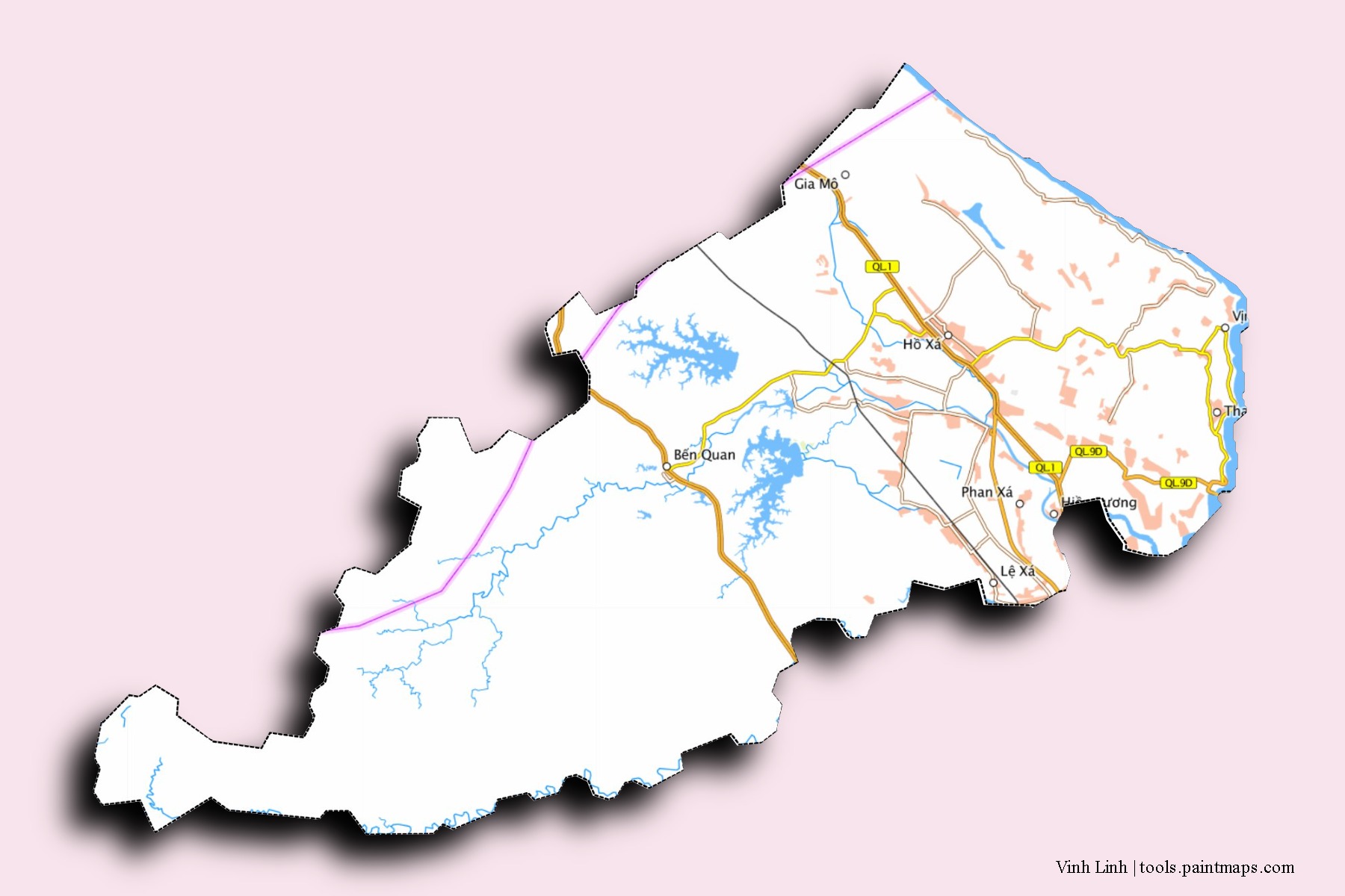 Mapa de barrios y pueblos de Vinh Linh con efecto de sombra 3D