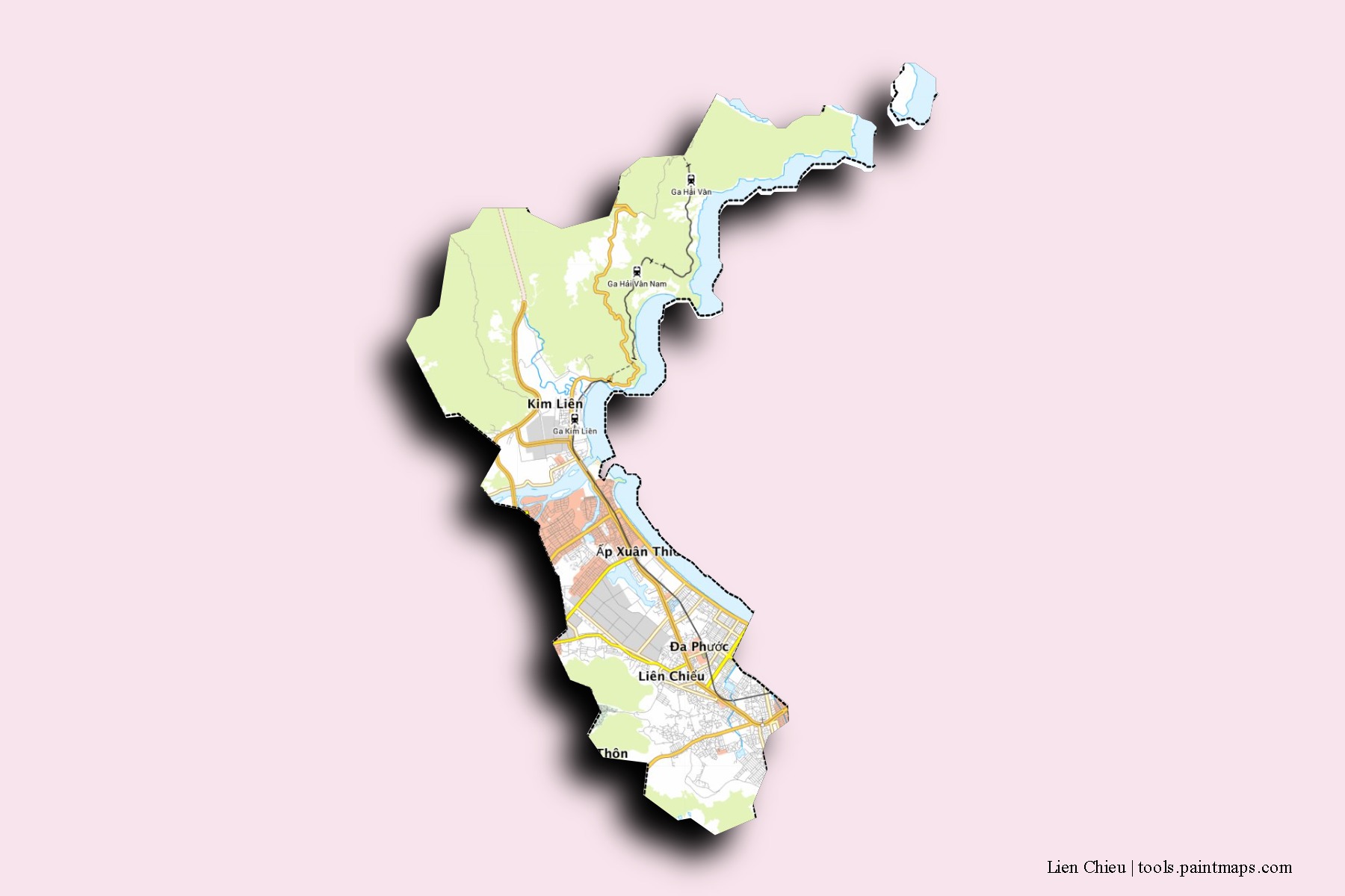 Mapa de barrios y pueblos de Lien Chieu con efecto de sombra 3D