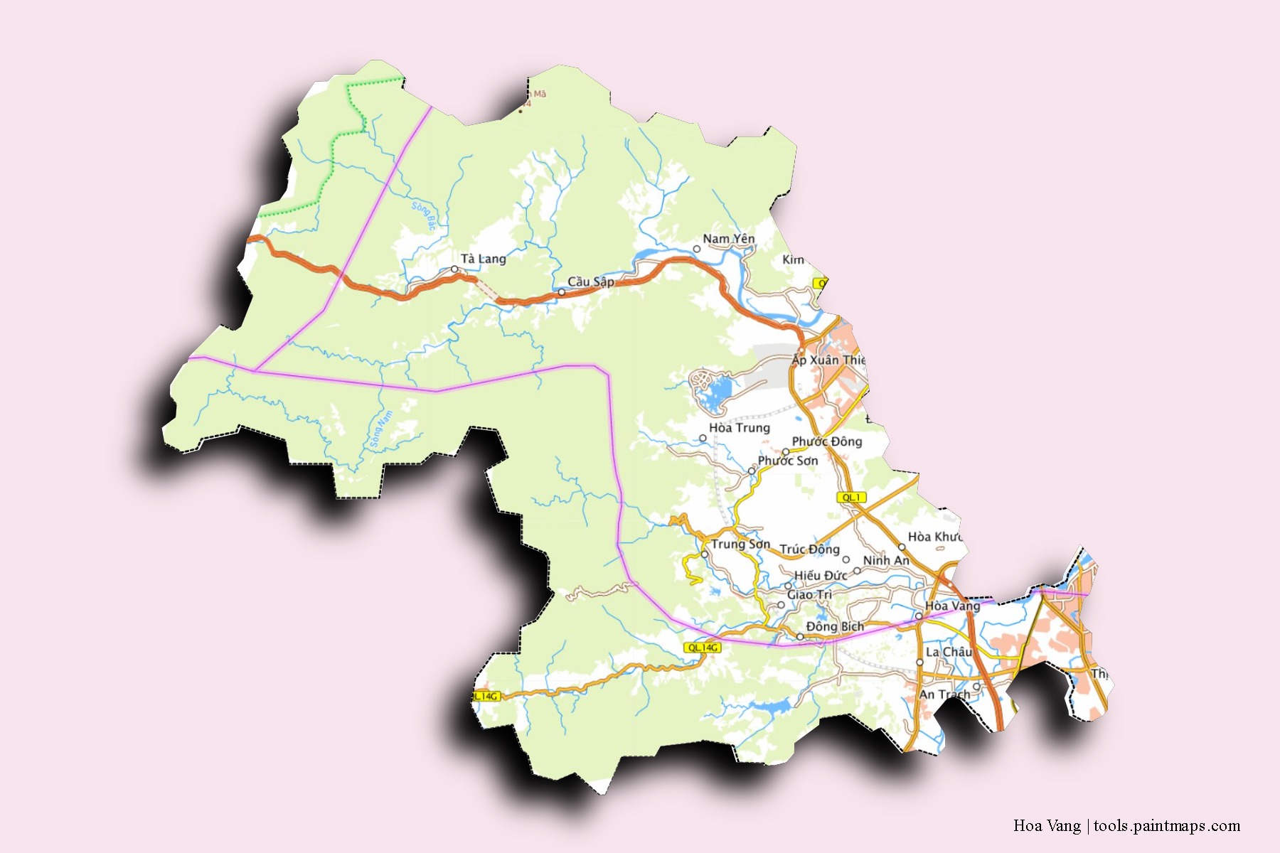 Mapa de barrios y pueblos de Hoa Vang con efecto de sombra 3D