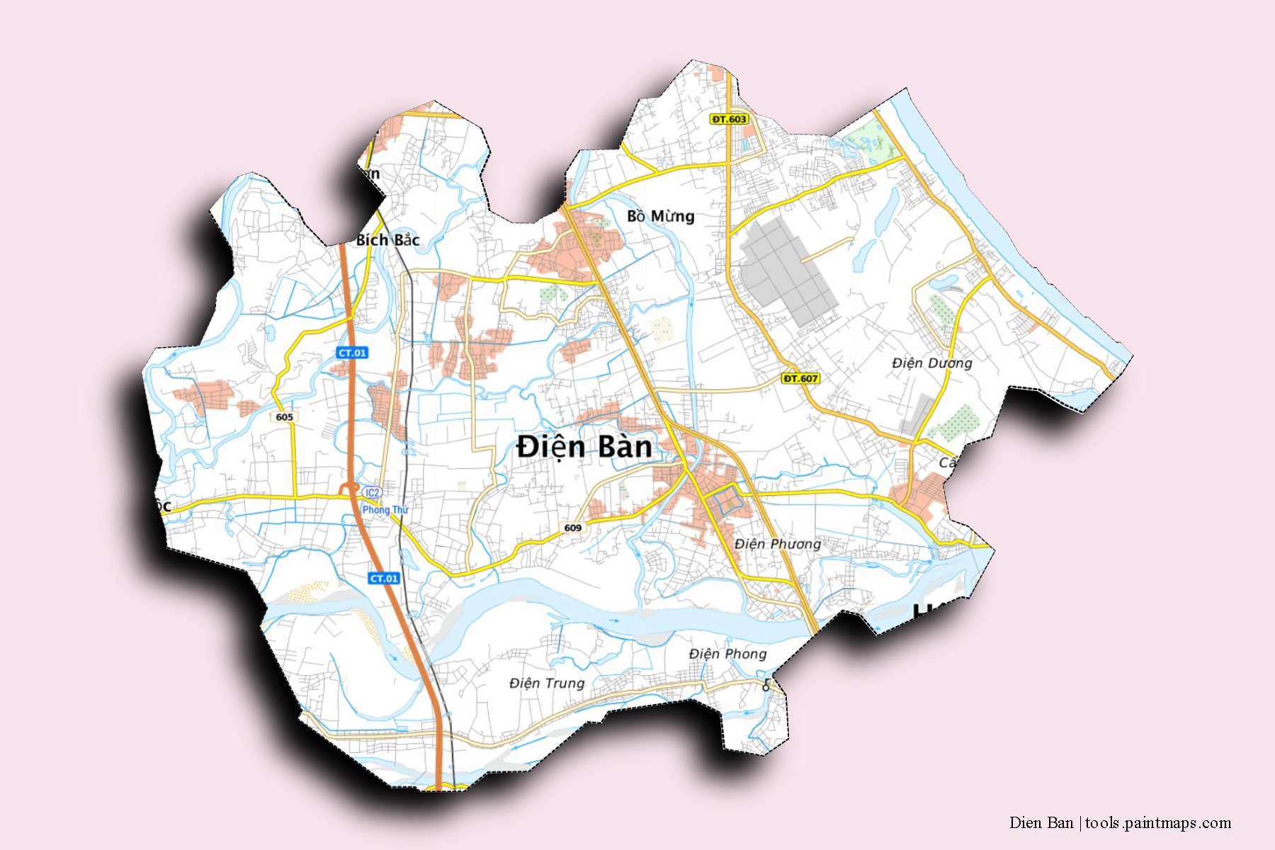 Dien Ban neighborhoods and villages map with 3D shadow effect