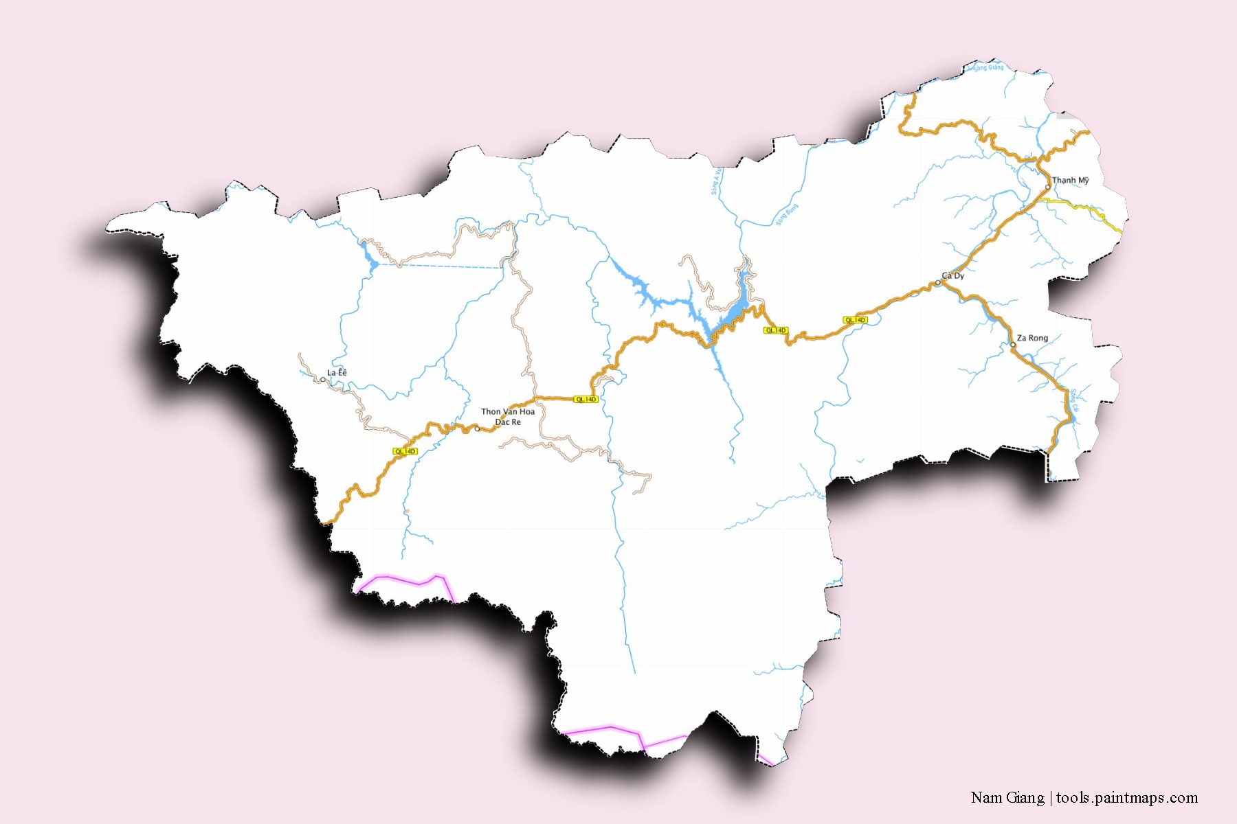 Mapa de barrios y pueblos de Nam Giang con efecto de sombra 3D