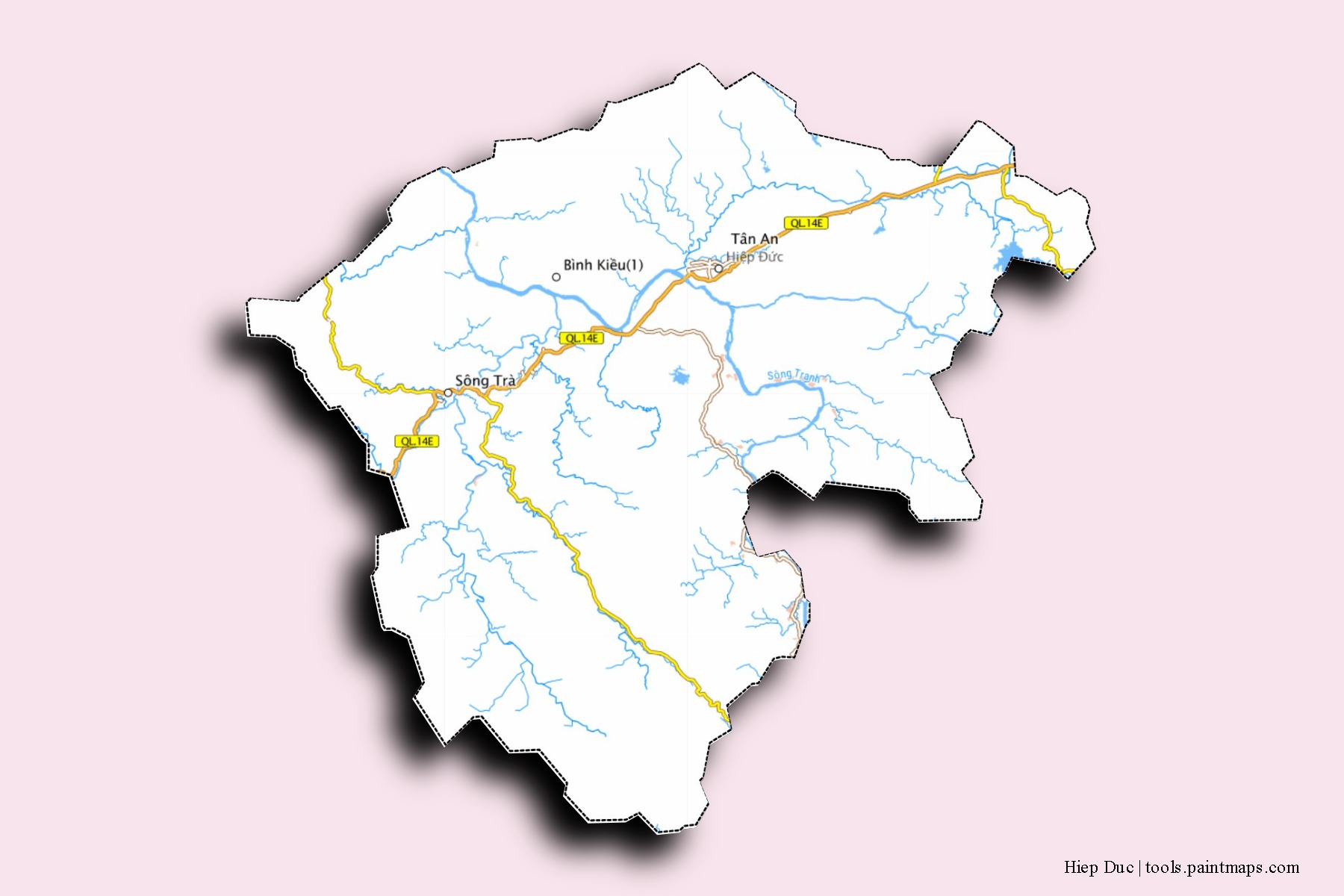 Mapa de barrios y pueblos de Hiep Duc con efecto de sombra 3D