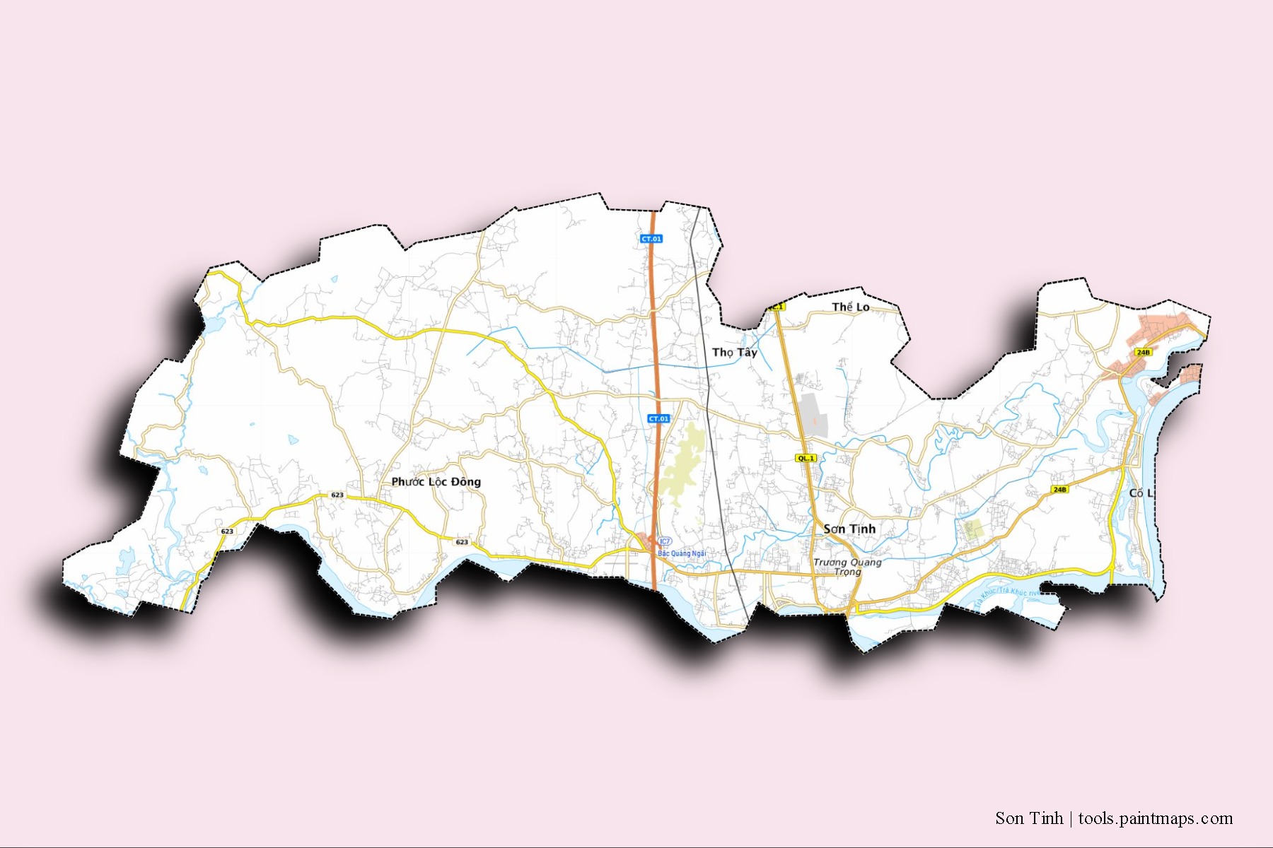 Mapa de barrios y pueblos de Son Tinh con efecto de sombra 3D