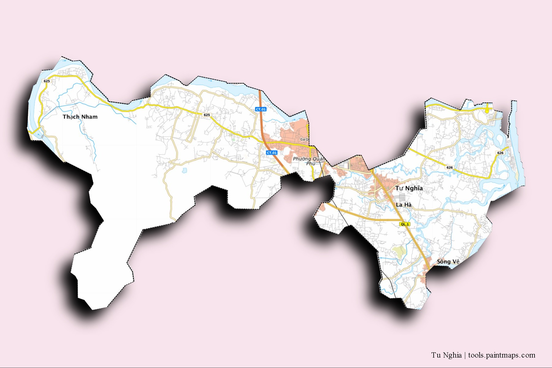 Tu Nghia neighborhoods and villages map with 3D shadow effect