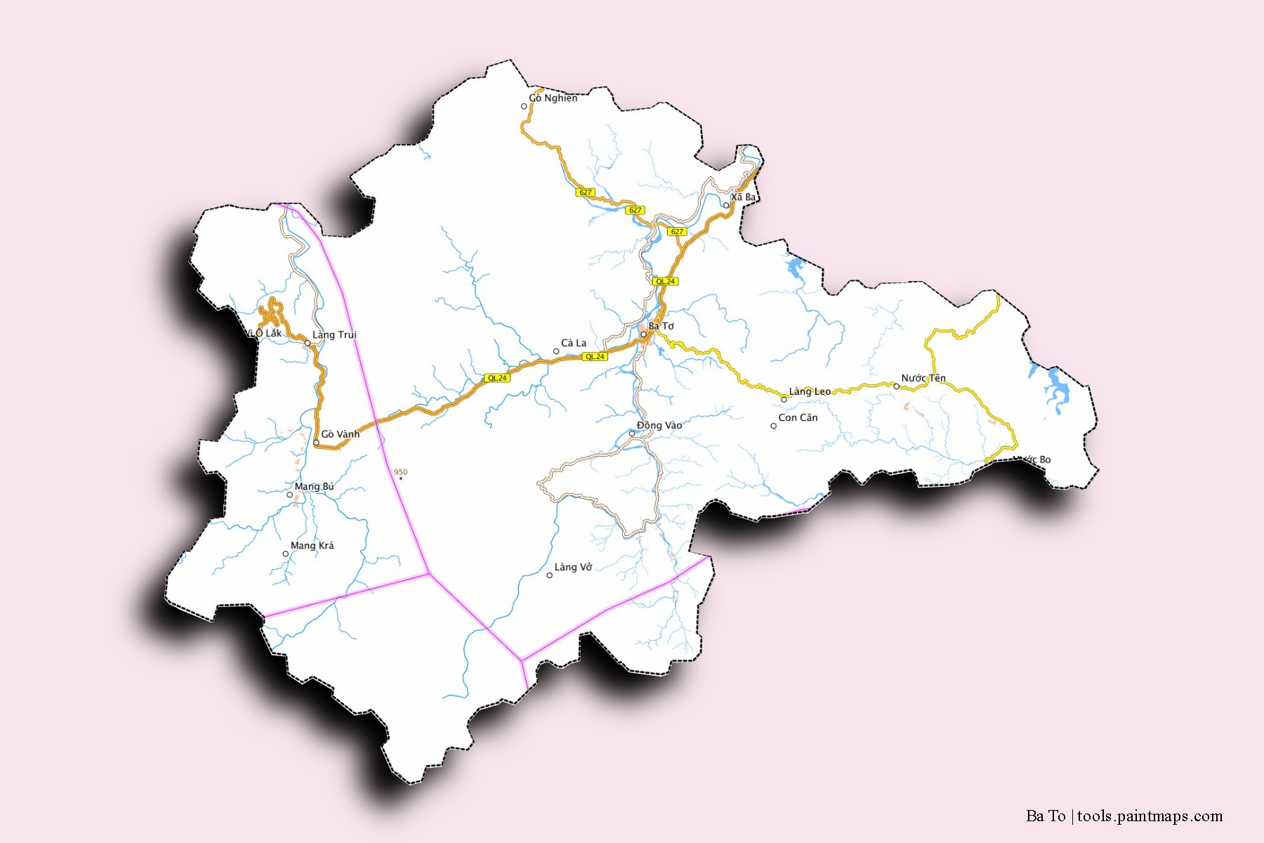 Mapa de barrios y pueblos de Ba To con efecto de sombra 3D