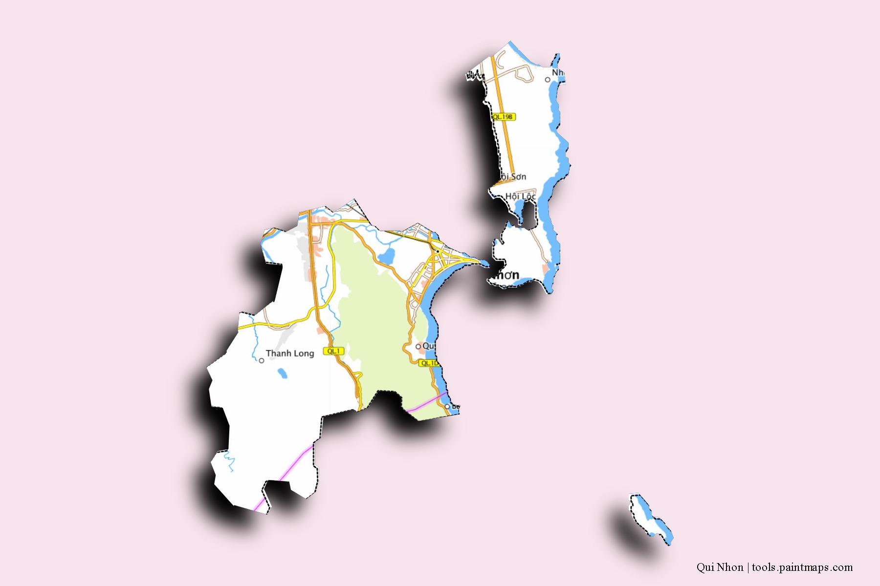 Quy Nhon neighborhoods and villages map with 3D shadow effect