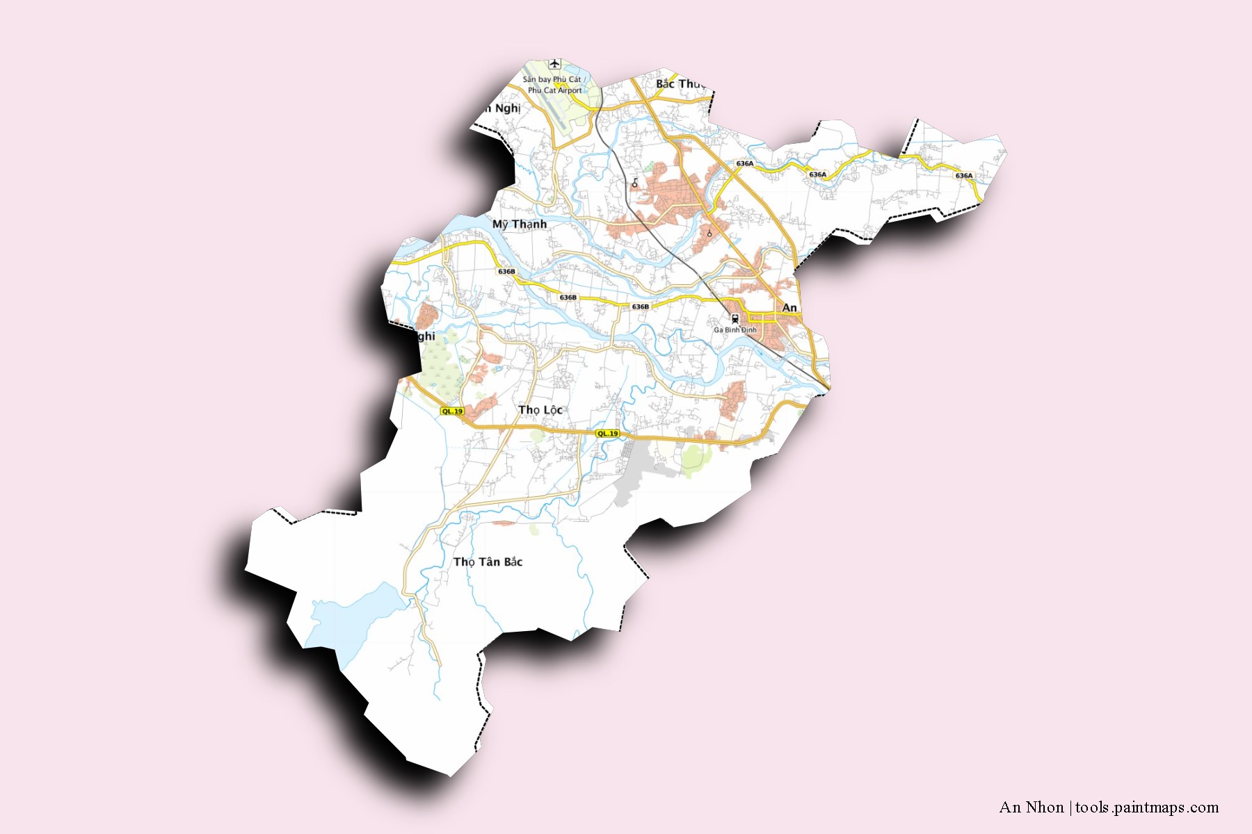 An Nhon neighborhoods and villages map with 3D shadow effect