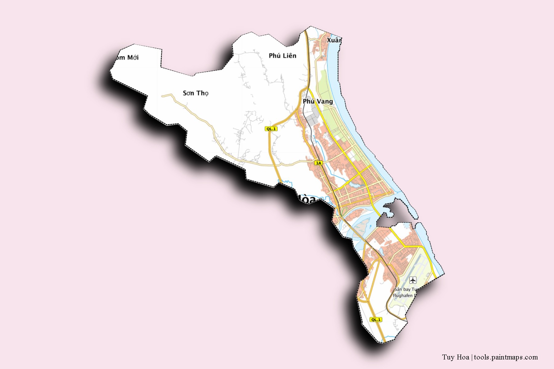 Tuy Hoa neighborhoods and villages map with 3D shadow effect