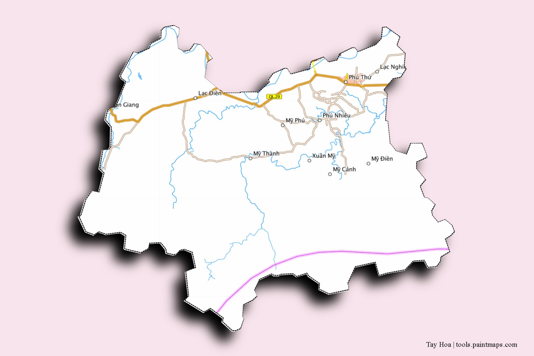 Mapa de barrios y pueblos de Tay Hoa con efecto de sombra 3D