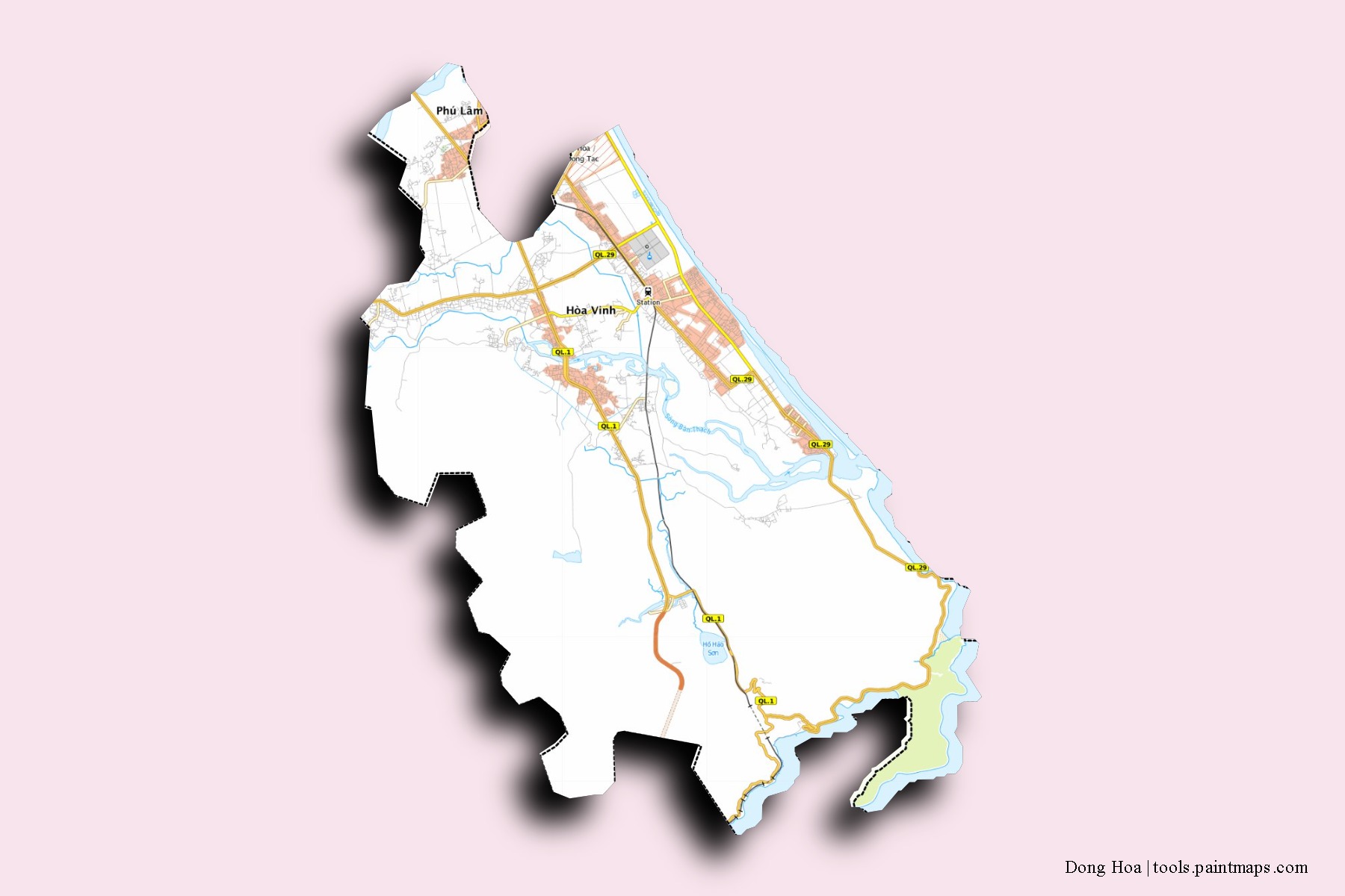 Mapa de barrios y pueblos de Dong Hoa con efecto de sombra 3D