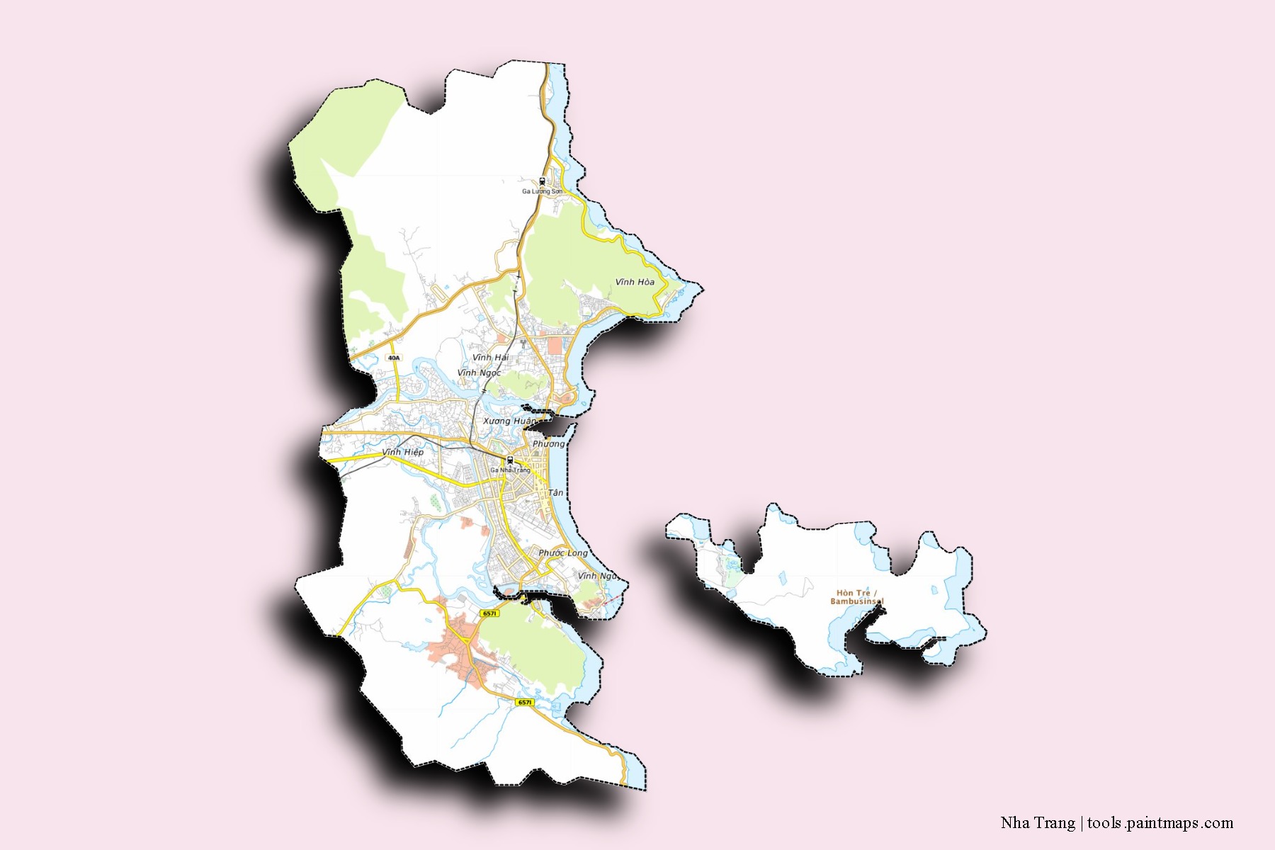 Mapa de barrios y pueblos de Nha Trang con efecto de sombra 3D