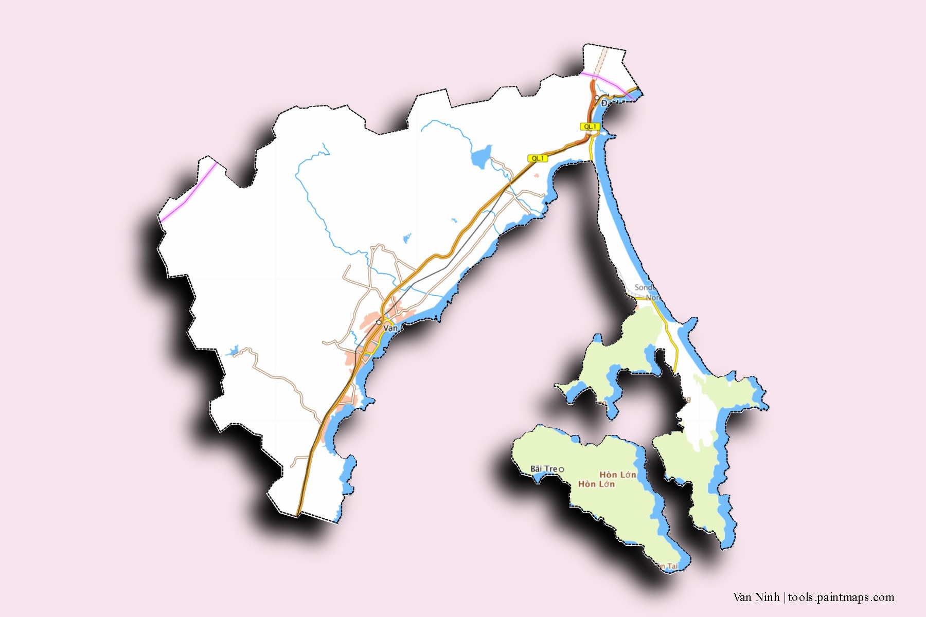 Mapa de barrios y pueblos de Van Ninh con efecto de sombra 3D