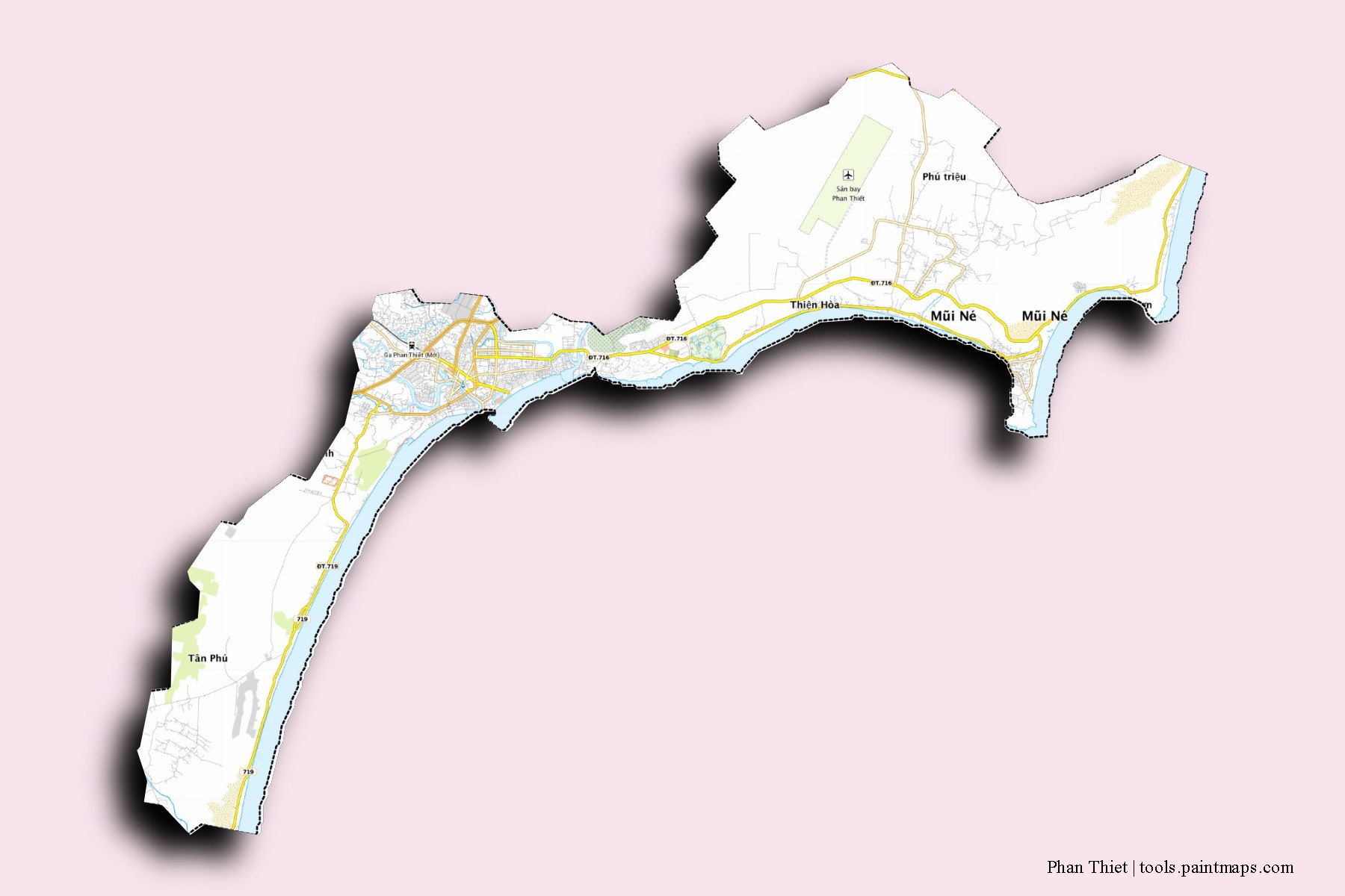 3D gölge efektli Phan Thiet mahalleleri ve köyleri haritası