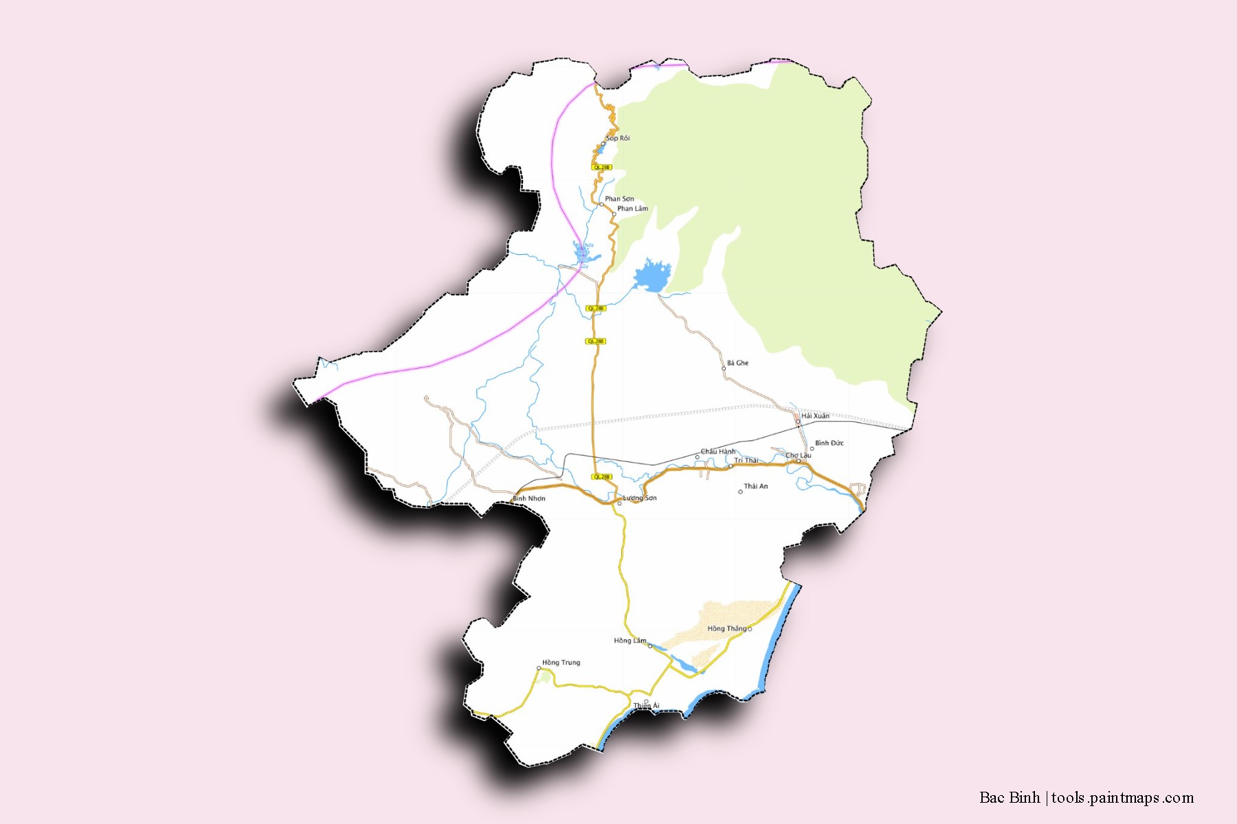 Mapa de barrios y pueblos de Bac Binh con efecto de sombra 3D