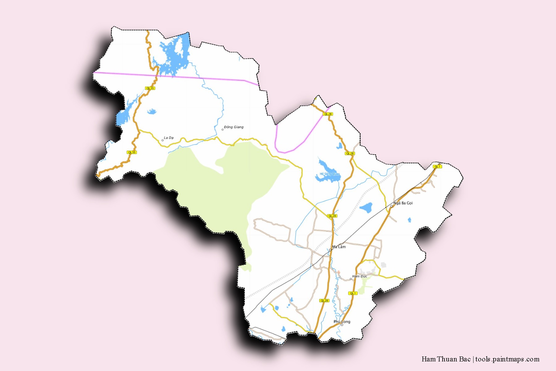 Mapa de barrios y pueblos de Ham Thuan Bac con efecto de sombra 3D