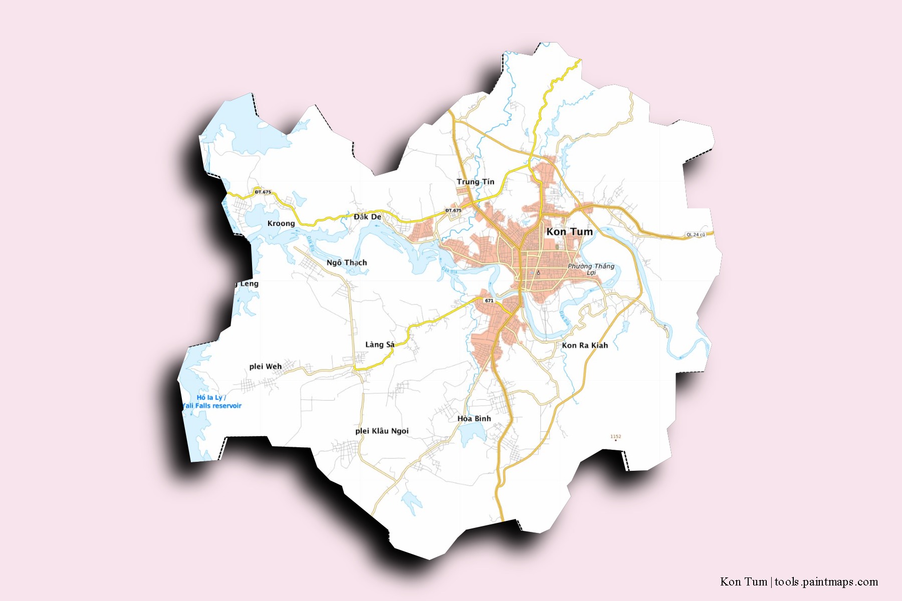 Mapa de barrios y pueblos de Kon Tum con efecto de sombra 3D