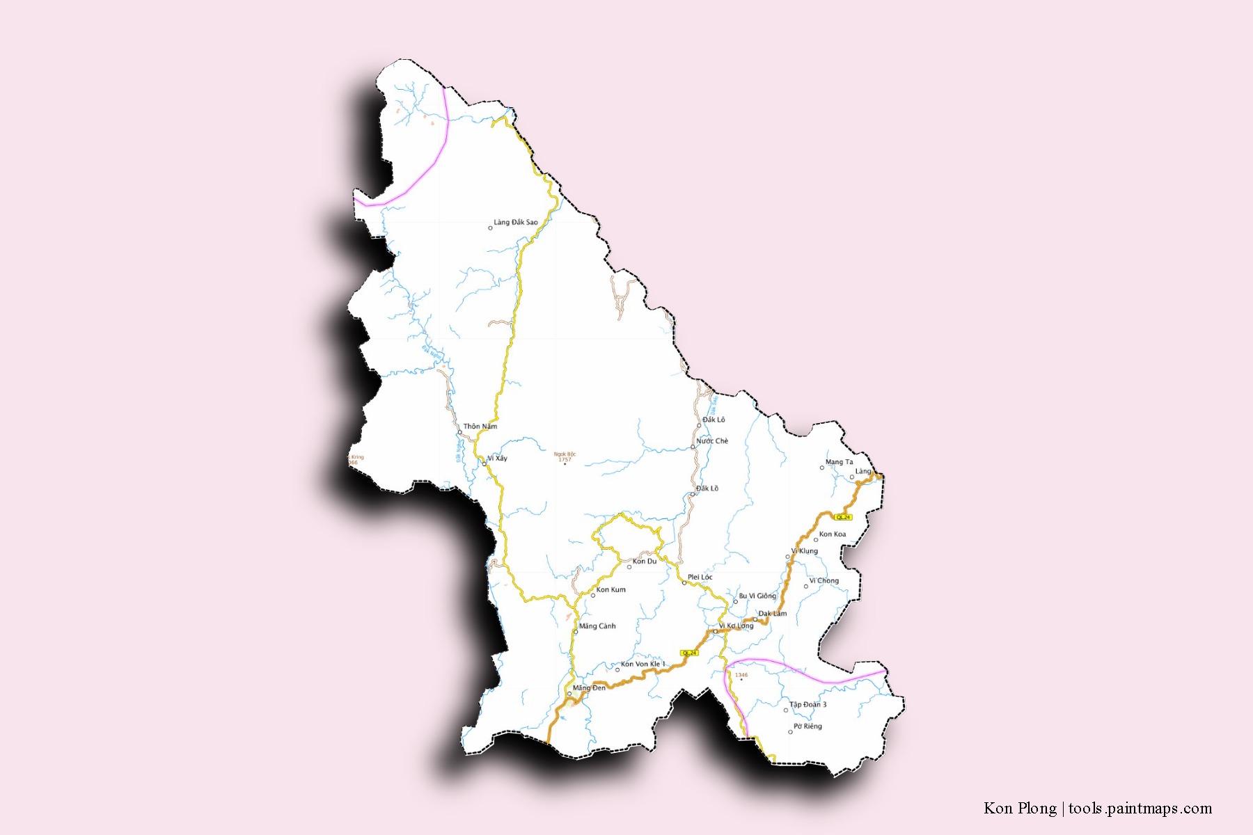 Mapa de barrios y pueblos de Kon Plong con efecto de sombra 3D