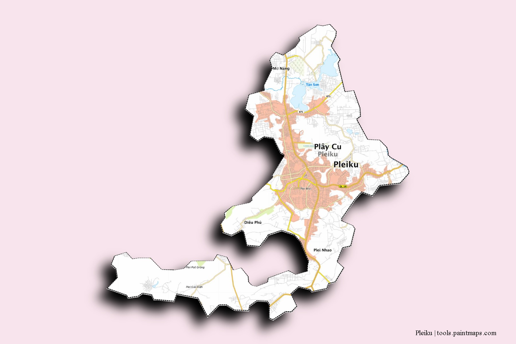 Pleiku neighborhoods and villages map with 3D shadow effect