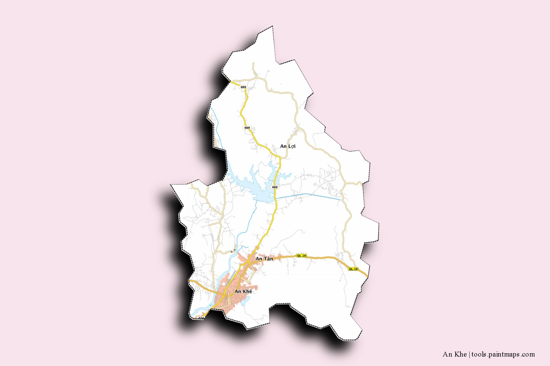 An Khe neighborhoods and villages map with 3D shadow effect