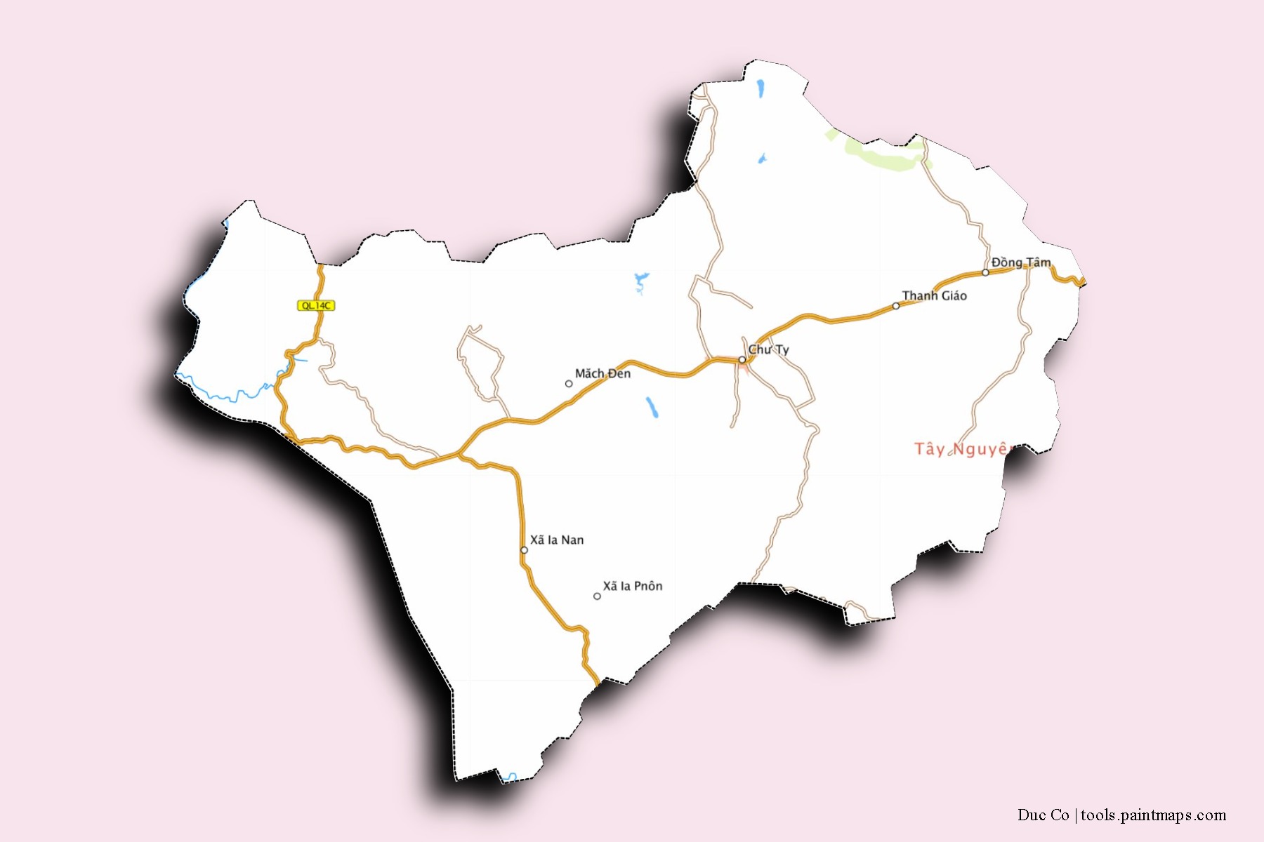 Mapa de barrios y pueblos de Duc Co con efecto de sombra 3D