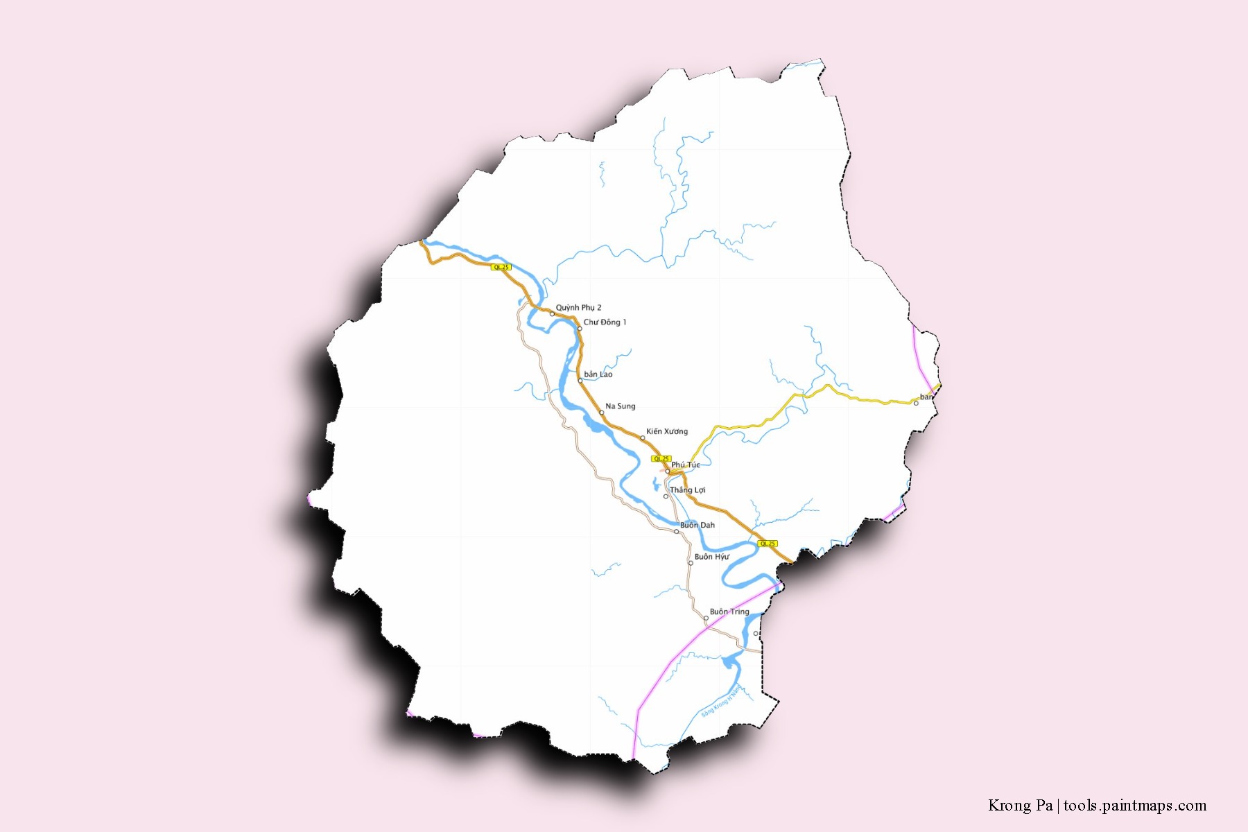 Mapa de barrios y pueblos de Krong Pa con efecto de sombra 3D