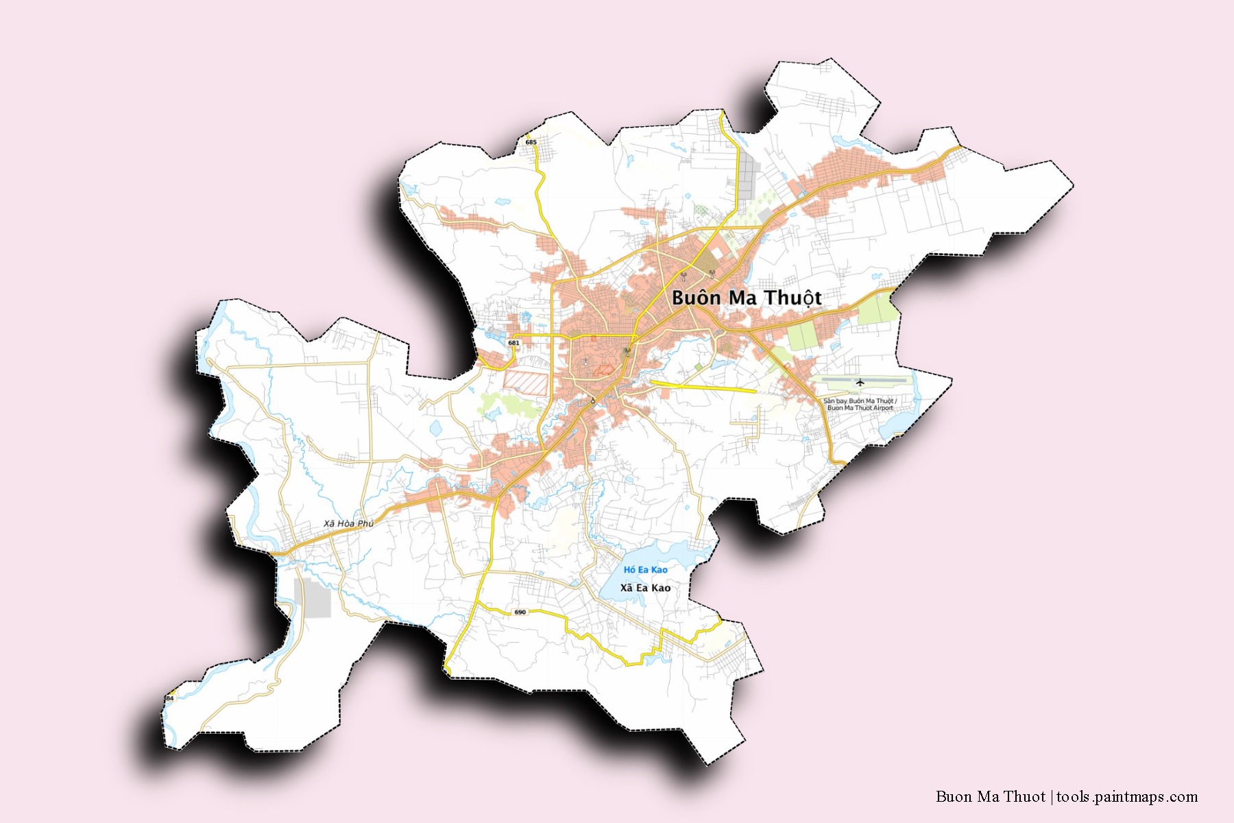 3D gölge efektli Buôn Ma Thuột mahalleleri ve köyleri haritası