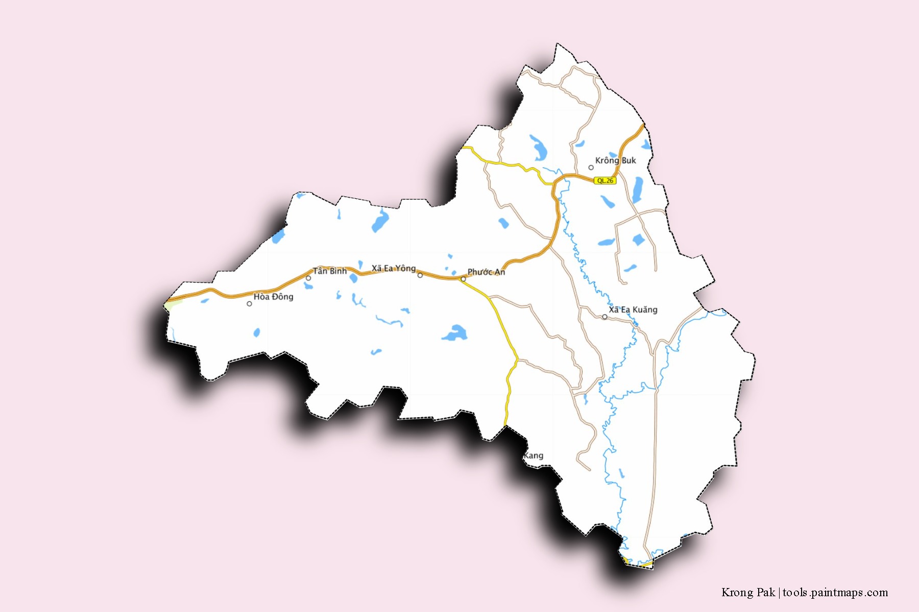 Mapa de barrios y pueblos de Krong Pak con efecto de sombra 3D