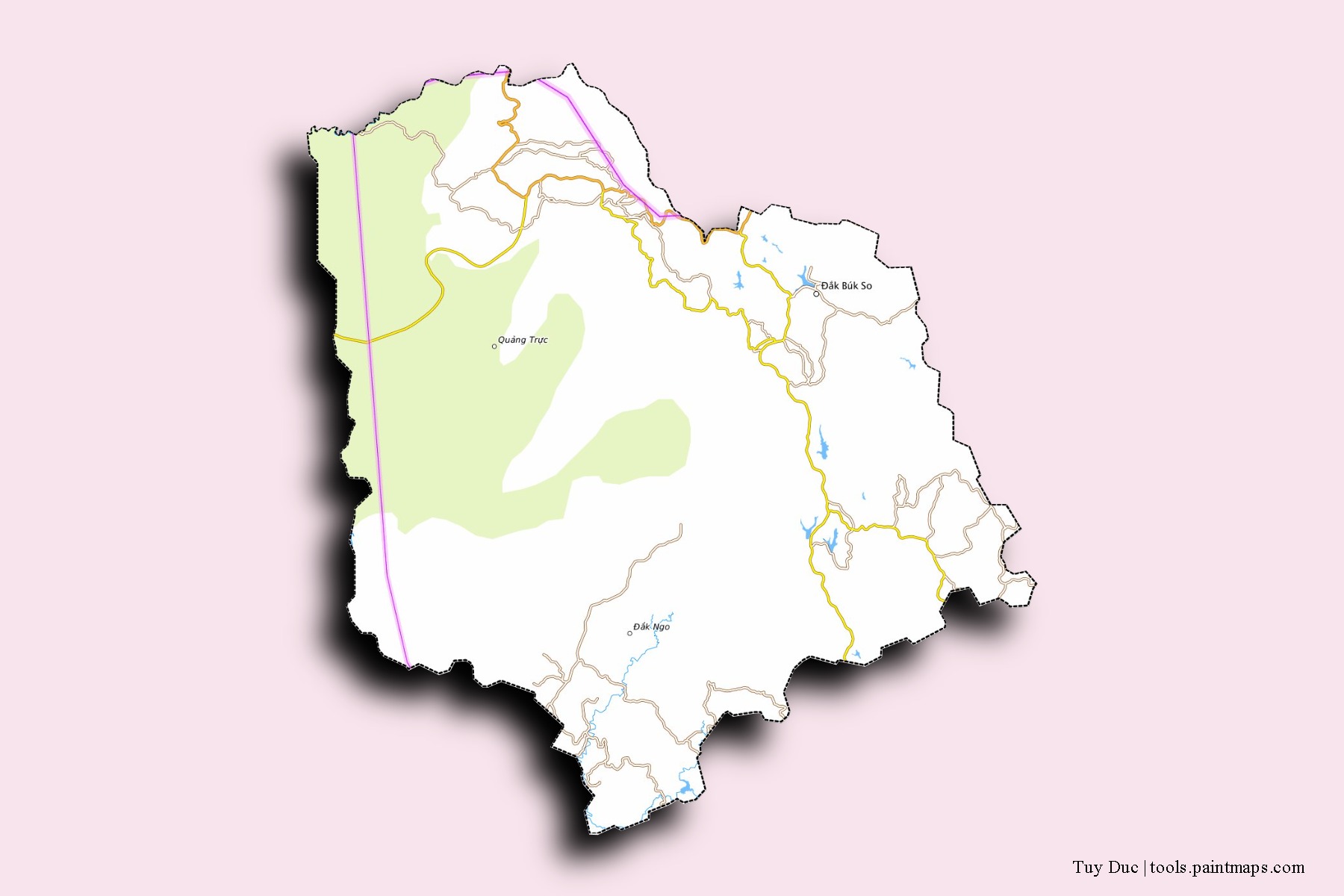 Mapa de barrios y pueblos de Tuy Duc con efecto de sombra 3D