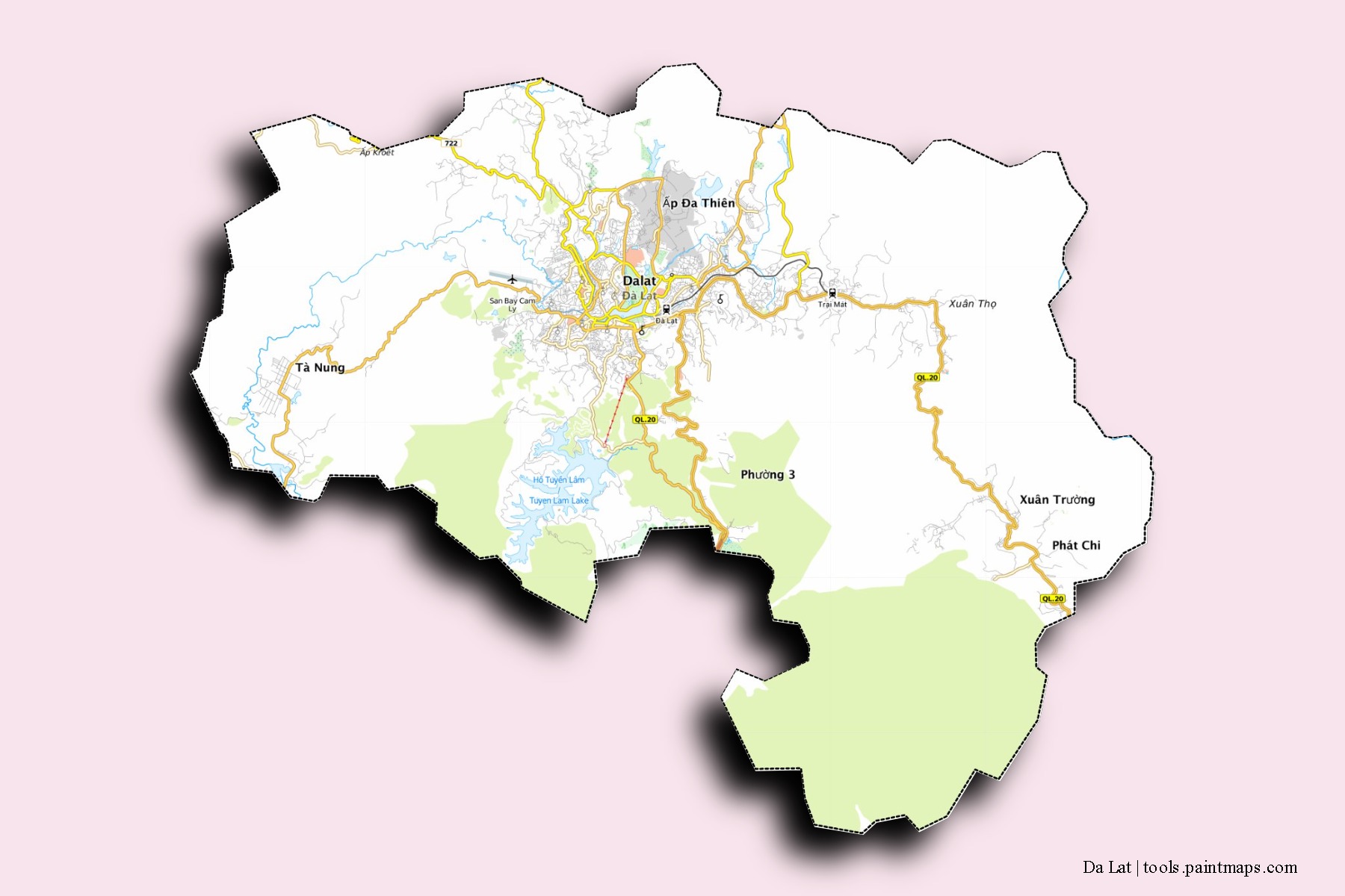3D gölge efektli Da Lat mahalleleri ve köyleri haritası