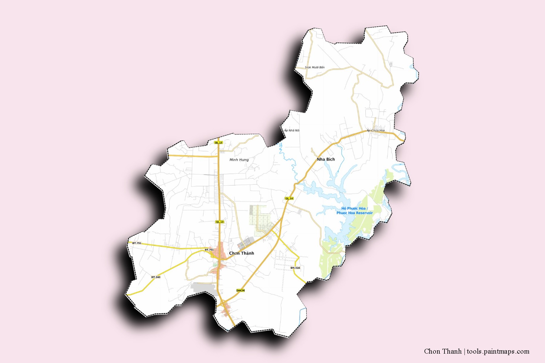 Mapa de barrios y pueblos de Chon Thanh con efecto de sombra 3D