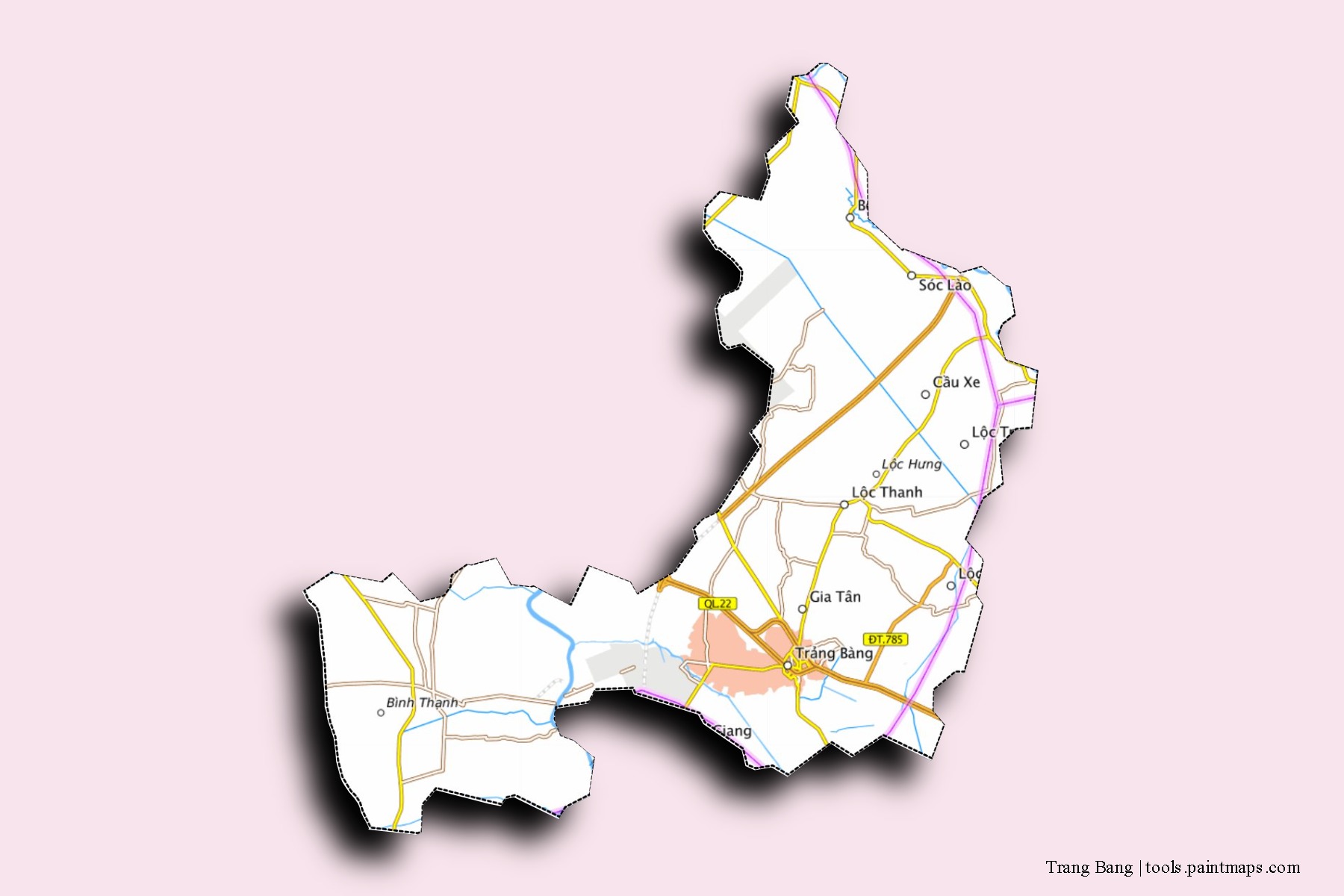 Trang Bang neighborhoods and villages map with 3D shadow effect