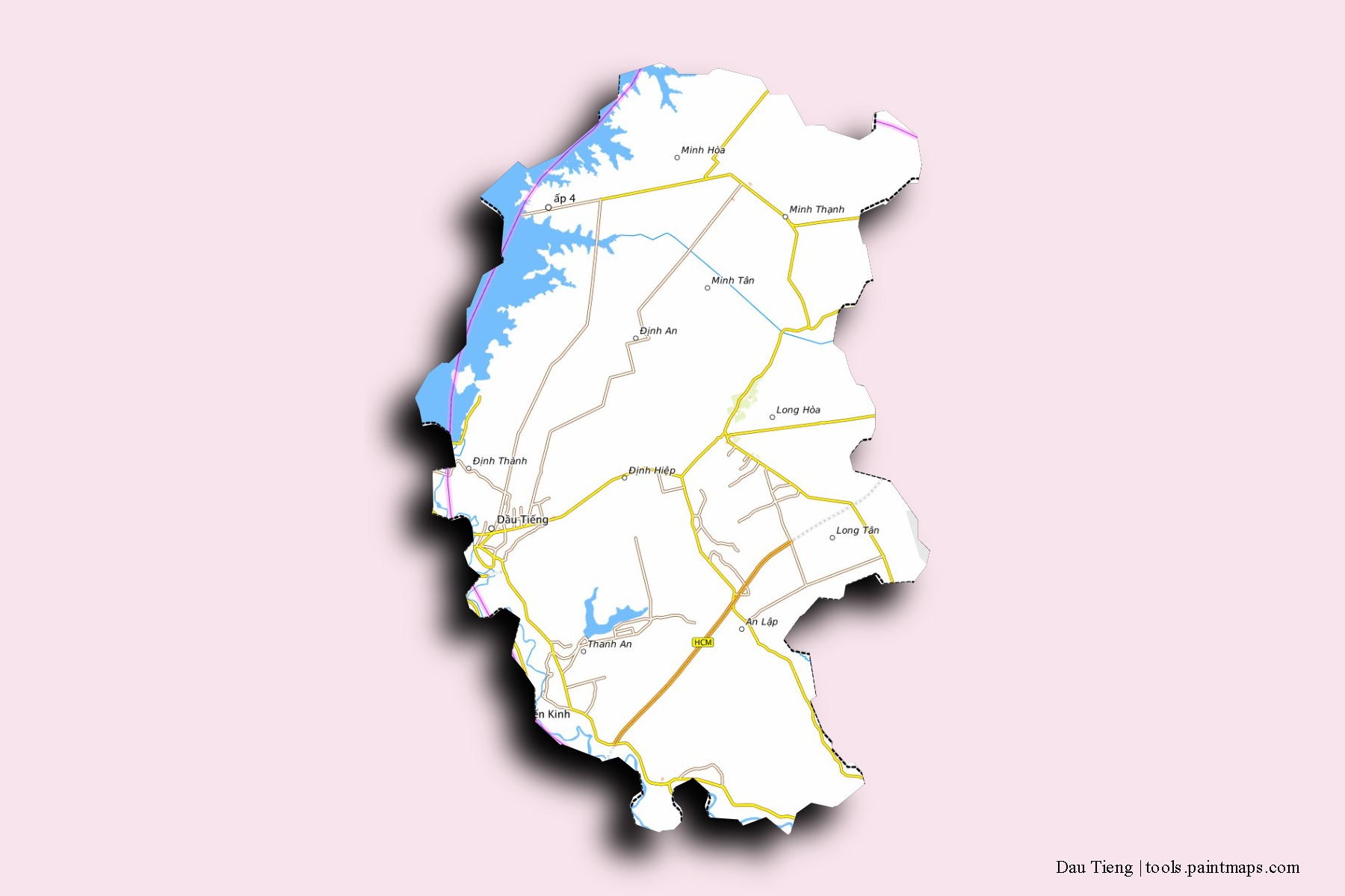 Mapa de barrios y pueblos de Dau Tieng con efecto de sombra 3D