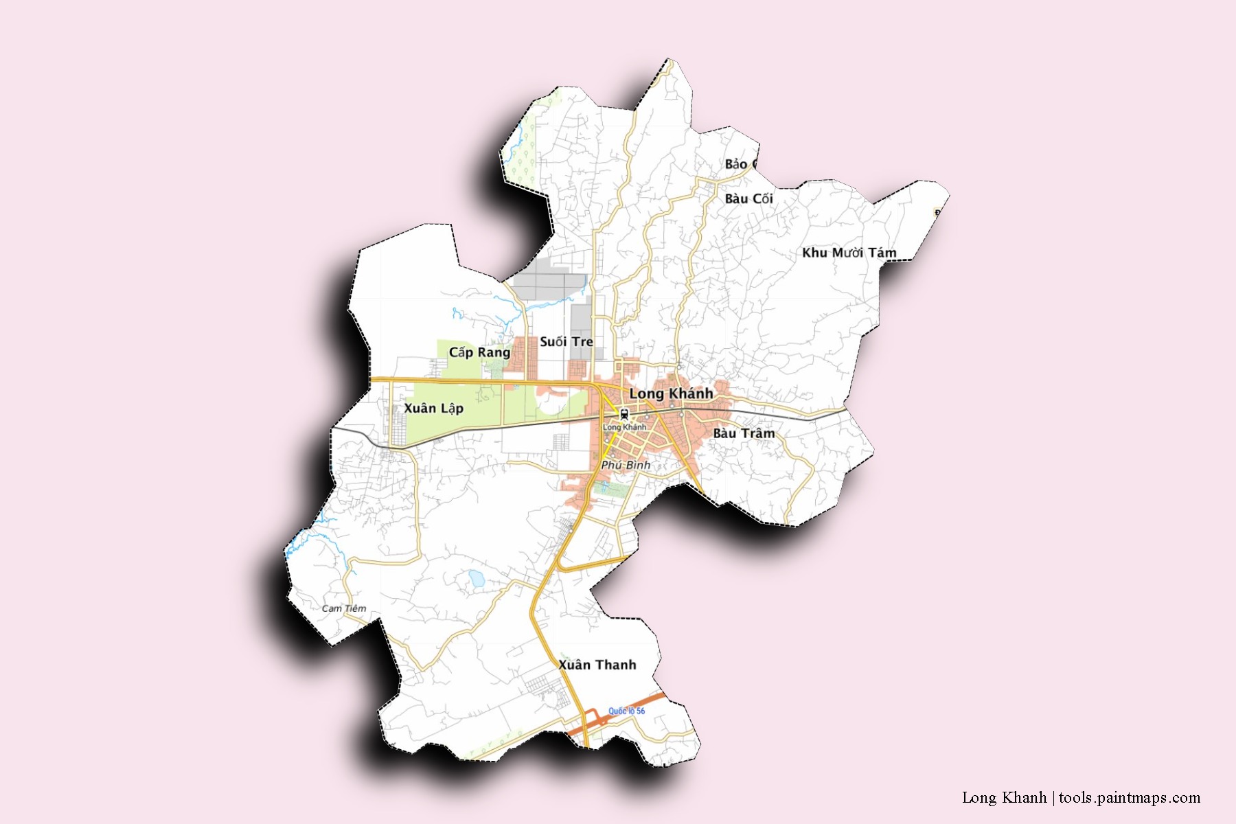 Long Khanh neighborhoods and villages map with 3D shadow effect