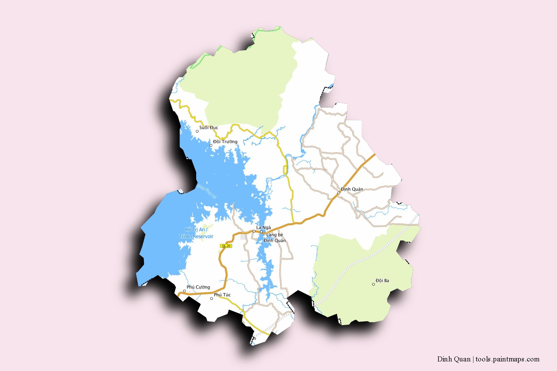 Mapa de barrios y pueblos de Dinh Quan con efecto de sombra 3D