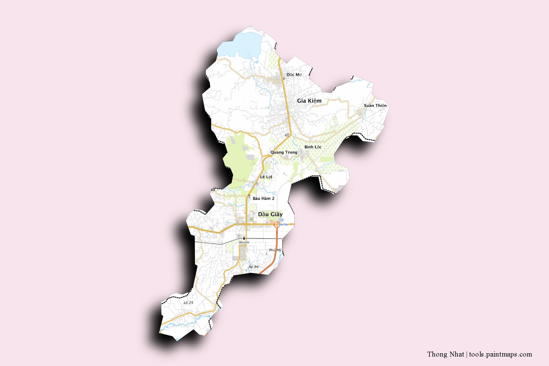 Mapa de barrios y pueblos de Thong Nhat con efecto de sombra 3D