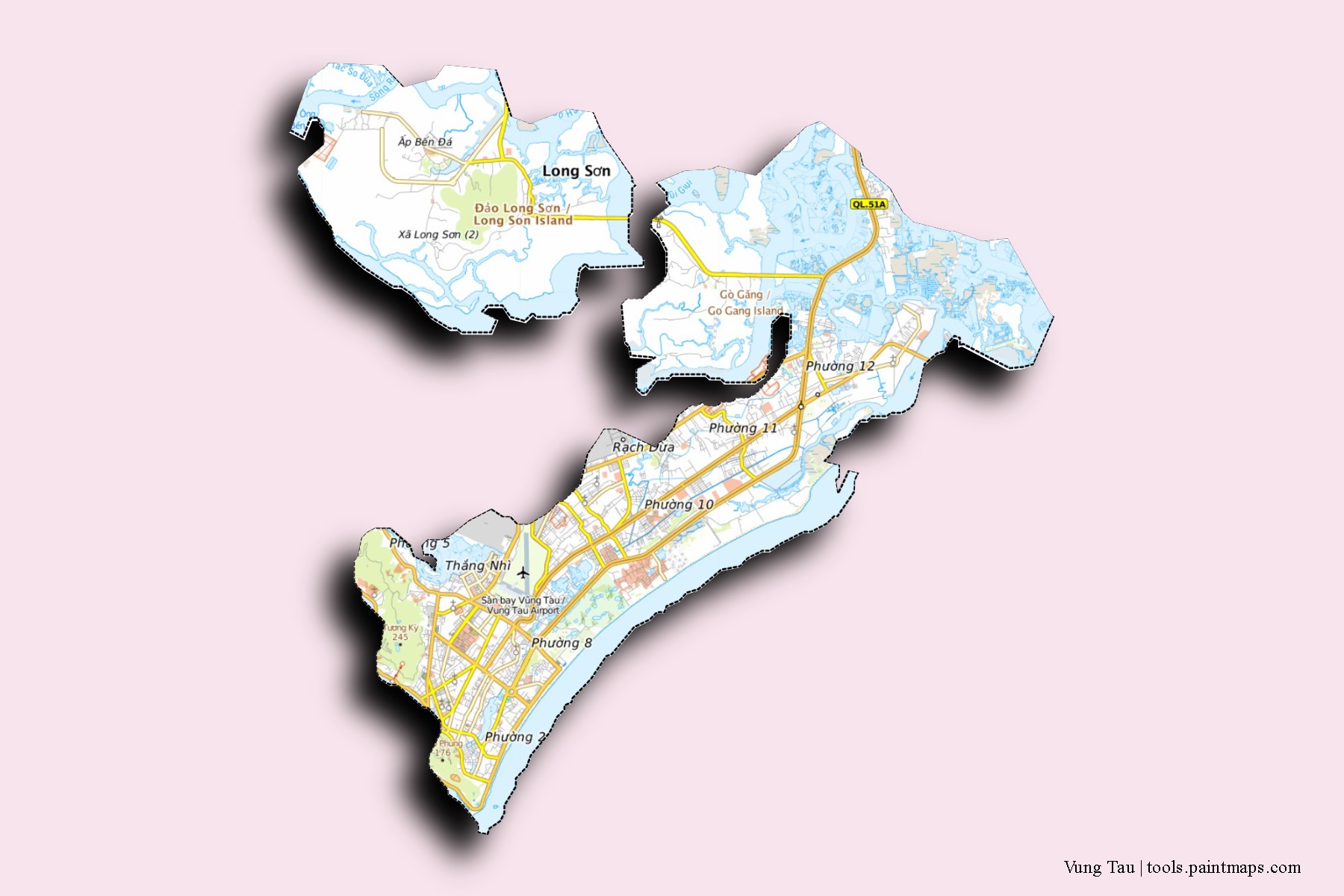 Mapa de barrios y pueblos de Vung Tau con efecto de sombra 3D